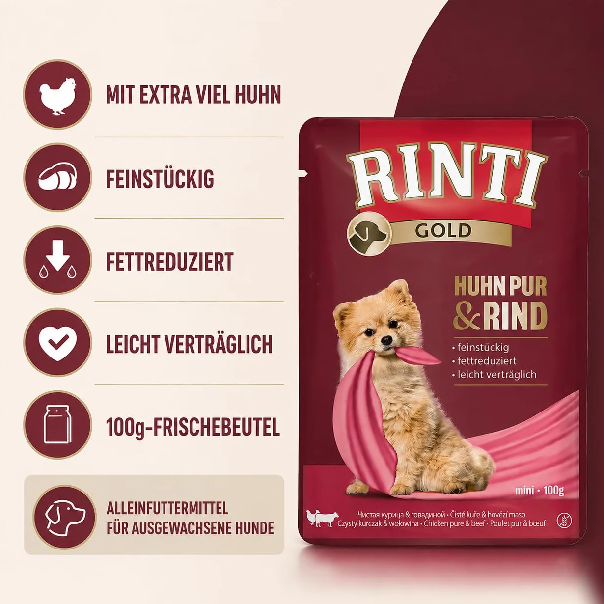 Rinti Gold Mini kurczak Pur i wołowina, 10 x 100 g, pełnoporcjowa karma dla dorosłych małych psów, wyłącznie dla wrażliwych psów w przypadku alergii, w woreczku świeżości