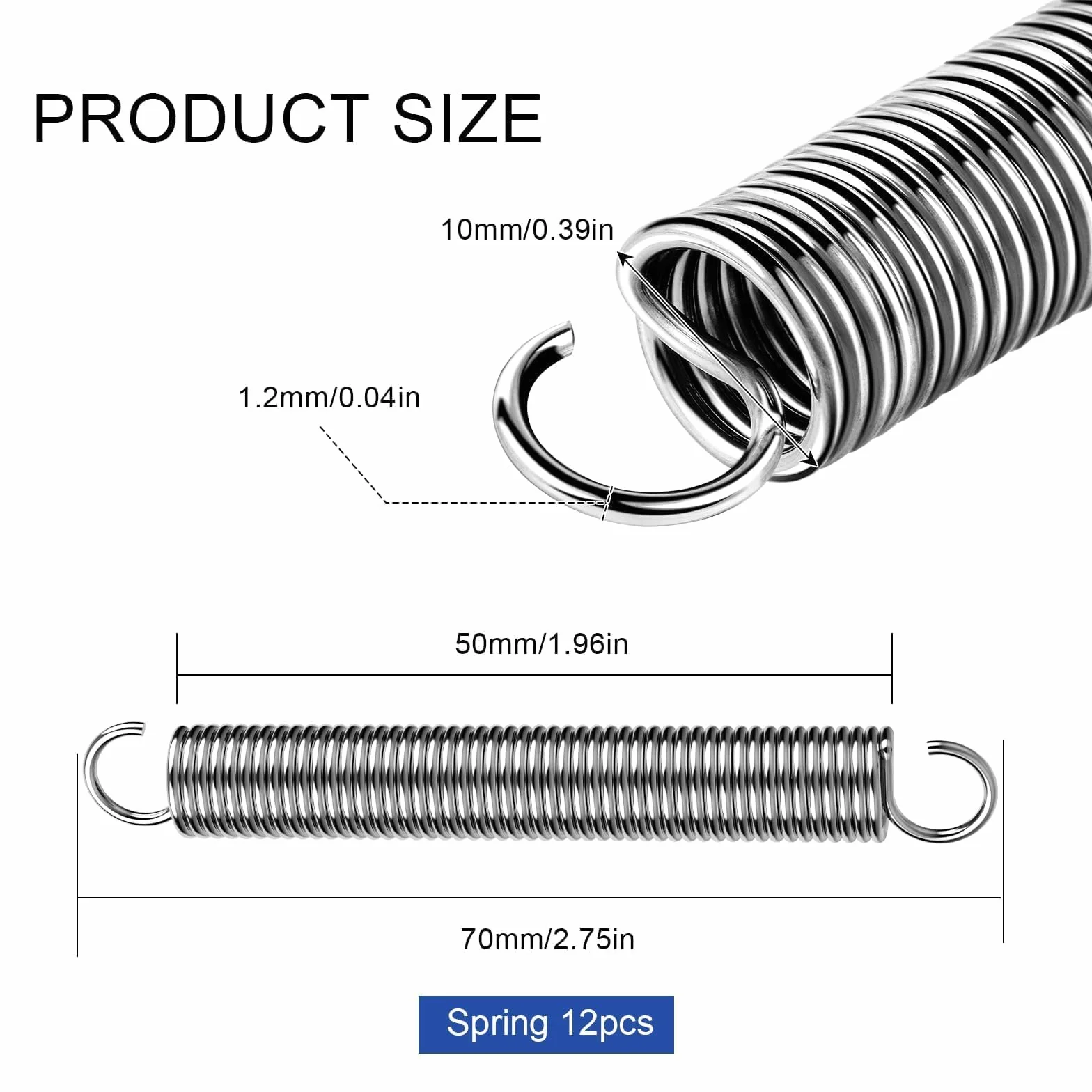 Sprężyny naciągowe 70x10x1,2 mm stal nierdzewna podwójny hak do trampolin 12 sztuk