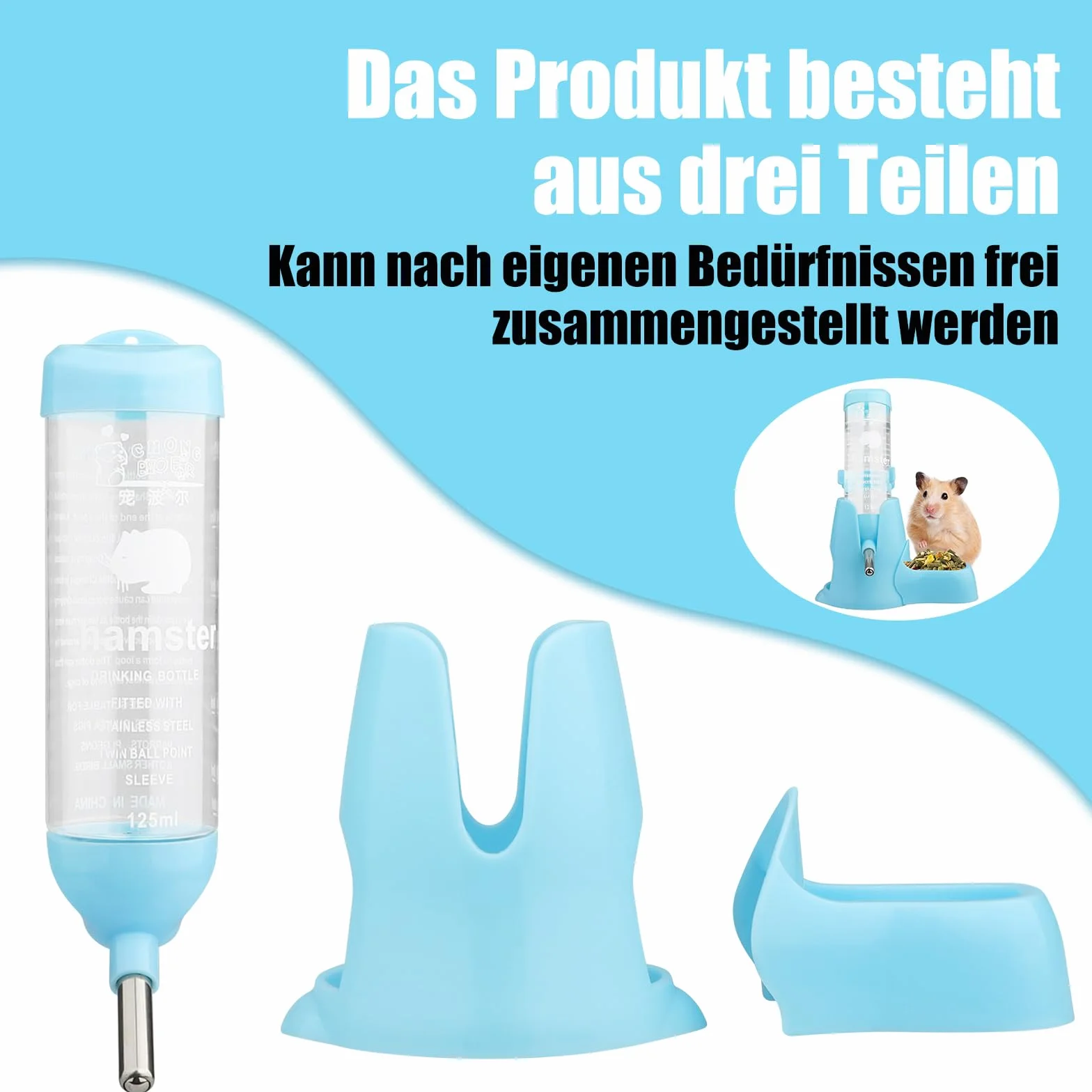 Diyife Butelka na Napoje dla chomika, 125 ml, bez wycieku wody, automatyczny dozownik do picia wody + miska na karmę + podstawa 3 w 1, dla króliczka, szynszyli, jeża, wiewiórki, niebieska