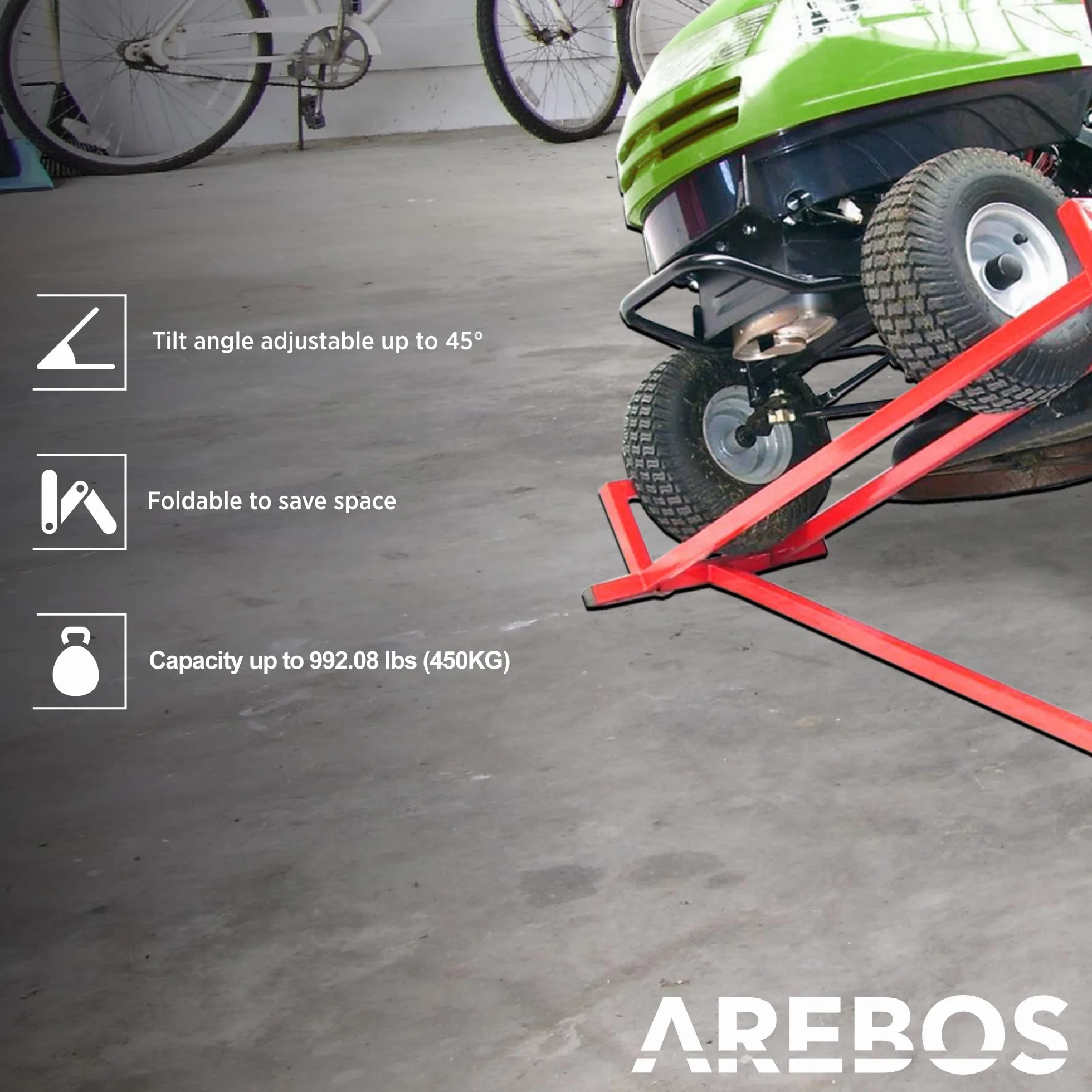 Arebos Podnośnik kosiarki | 450 kg | Kąt nachylenia ok. 45° | Czerwony | Stabilny i solidny