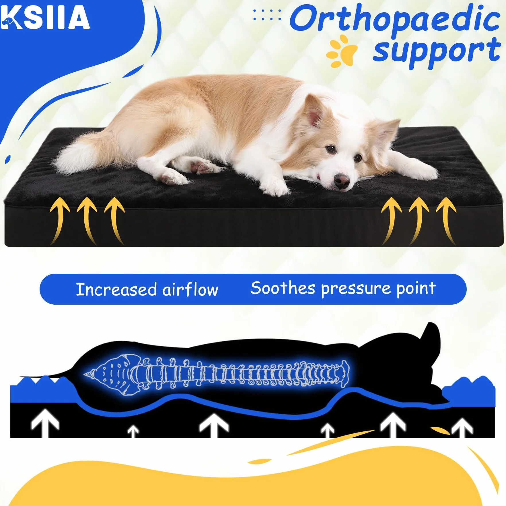 KSIIA Ortopedyczne legowisko dla dużych psów, rozmiar XL, nadaje się do prania, poduszka dla psa, puszysta mata dla psa, materac dla psa ze zdejmowaną pokrywką, kolor czarny, 104 x 68 x 8 cm