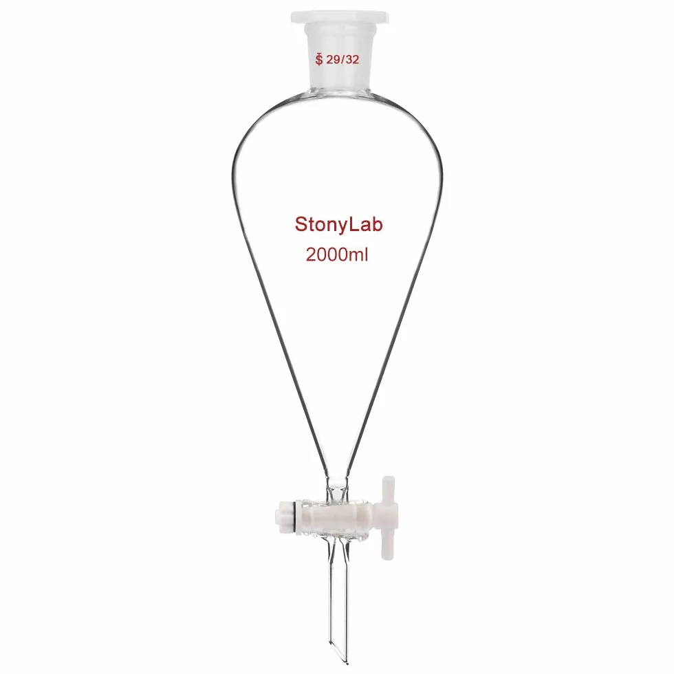 StonyLab Szkło borokrzemowe 2000 ml ciężki lejek separacyjny ze stożkiem 29/32 przegubami i korek PTFE, 2 l (2 litry)