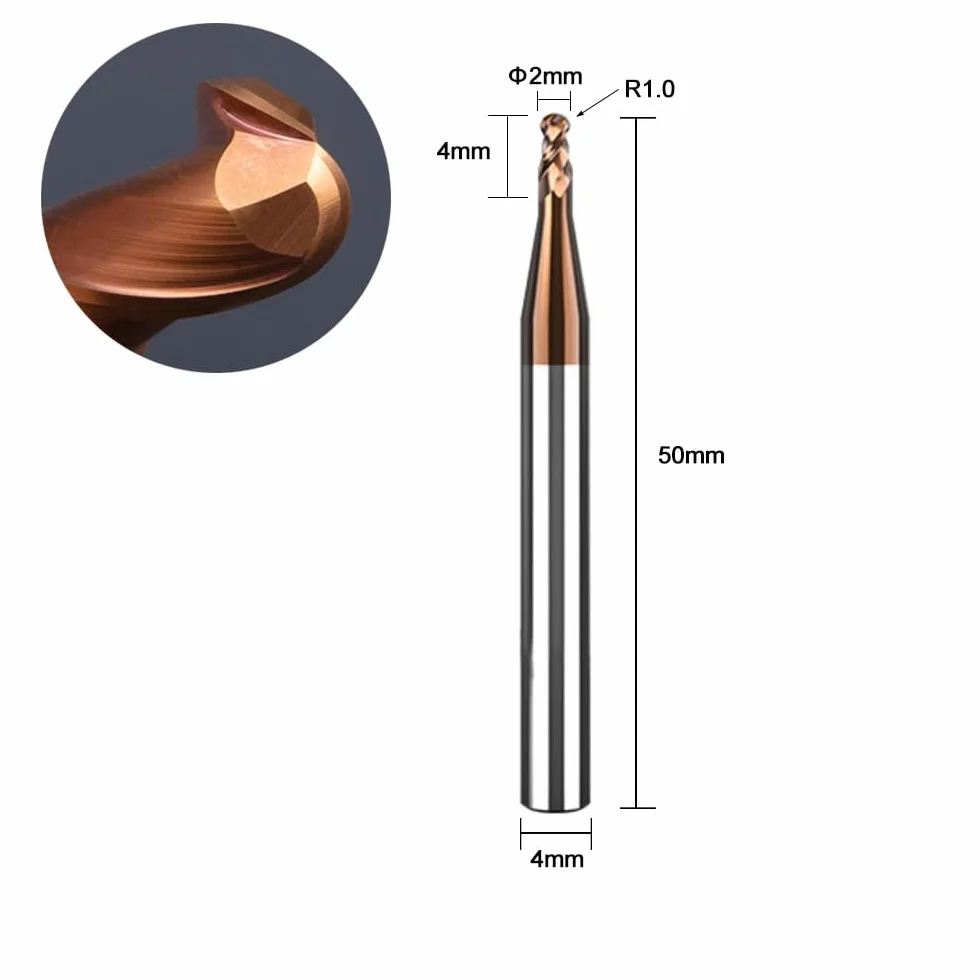 ASNOMY 2 sztuki frez promieniowy VHM z głowicą kulową – Ø 2 mm, powłoka AlTiN HRC 55, frez kulowy z twardego metalu, 2 zęby frez do grawerowania CNC do metalu