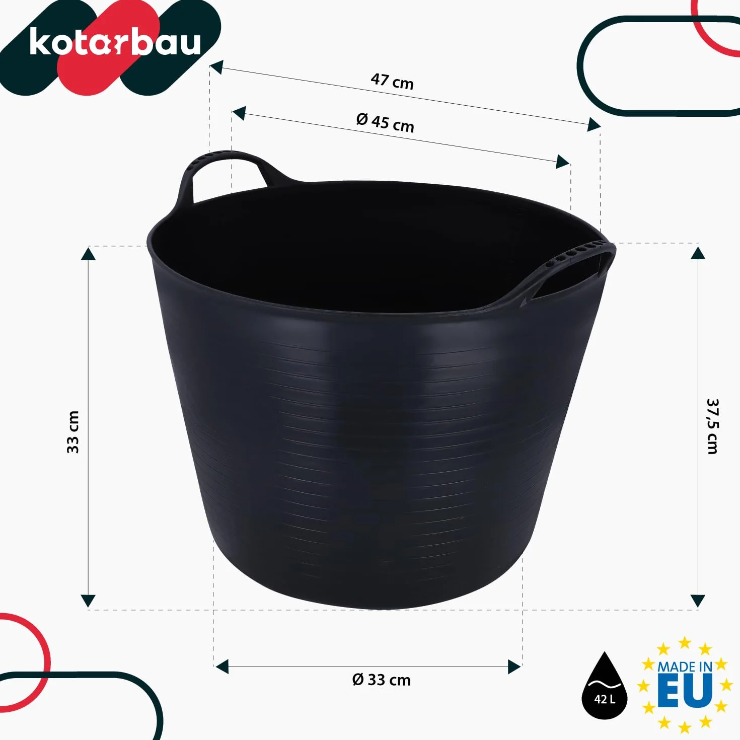 KOTARBAU® Elastyczny gumowy koryto 42 l, czarne, z uchwytami do noszenia, uniwersalny kosz ogrodowy
