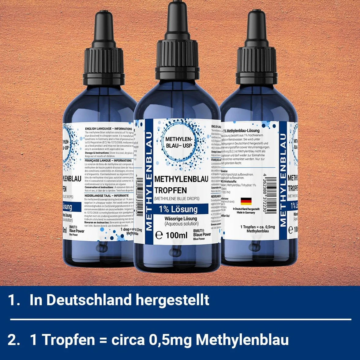 1 x 100 ml roztwór błękitu metylenowego 1% – kropla w butelce z brązowego szkła z pipetą – wysoka czystość Methylene Blue bez dodatków – jakość farmaceutyczna USP – z Niemiec