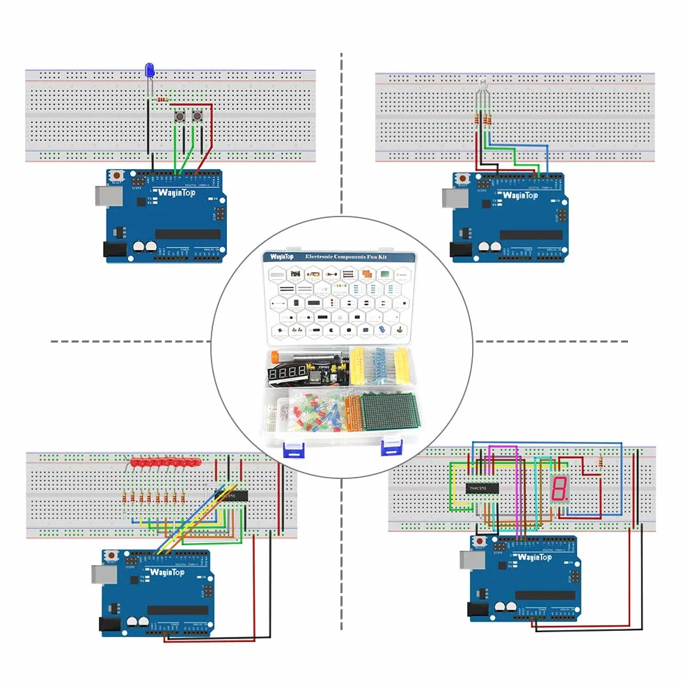 Zestaw komponentów elektronicznych z e-bookiem, przewodami połączeniowymi, LED i rezystorami do lutowania PCB