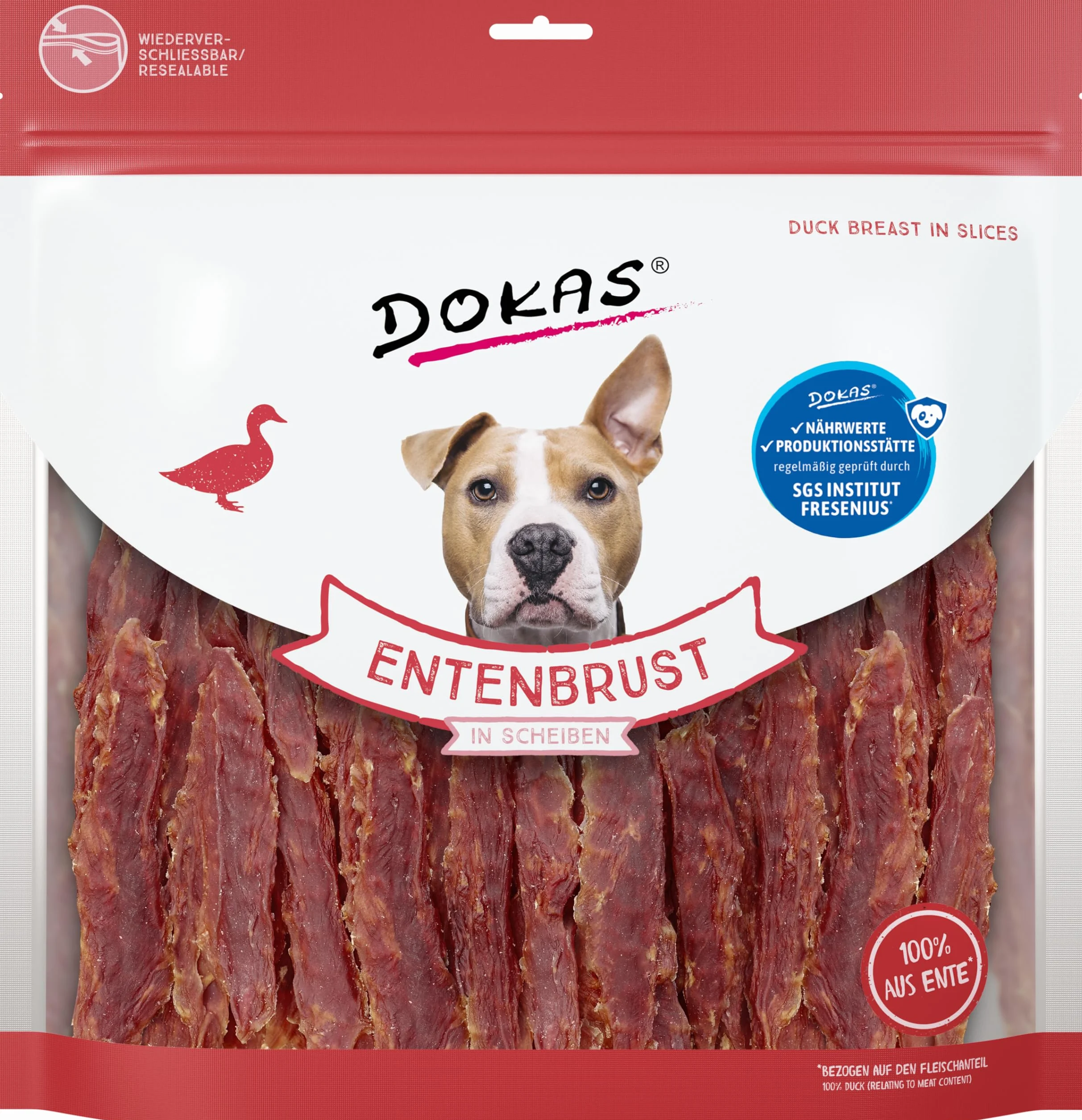 DOKAS Pierś z kaczki w plasterkach – przekąska premium dla psów bez zbóż – z filetu z piersi kaczki – 1 x 900 g