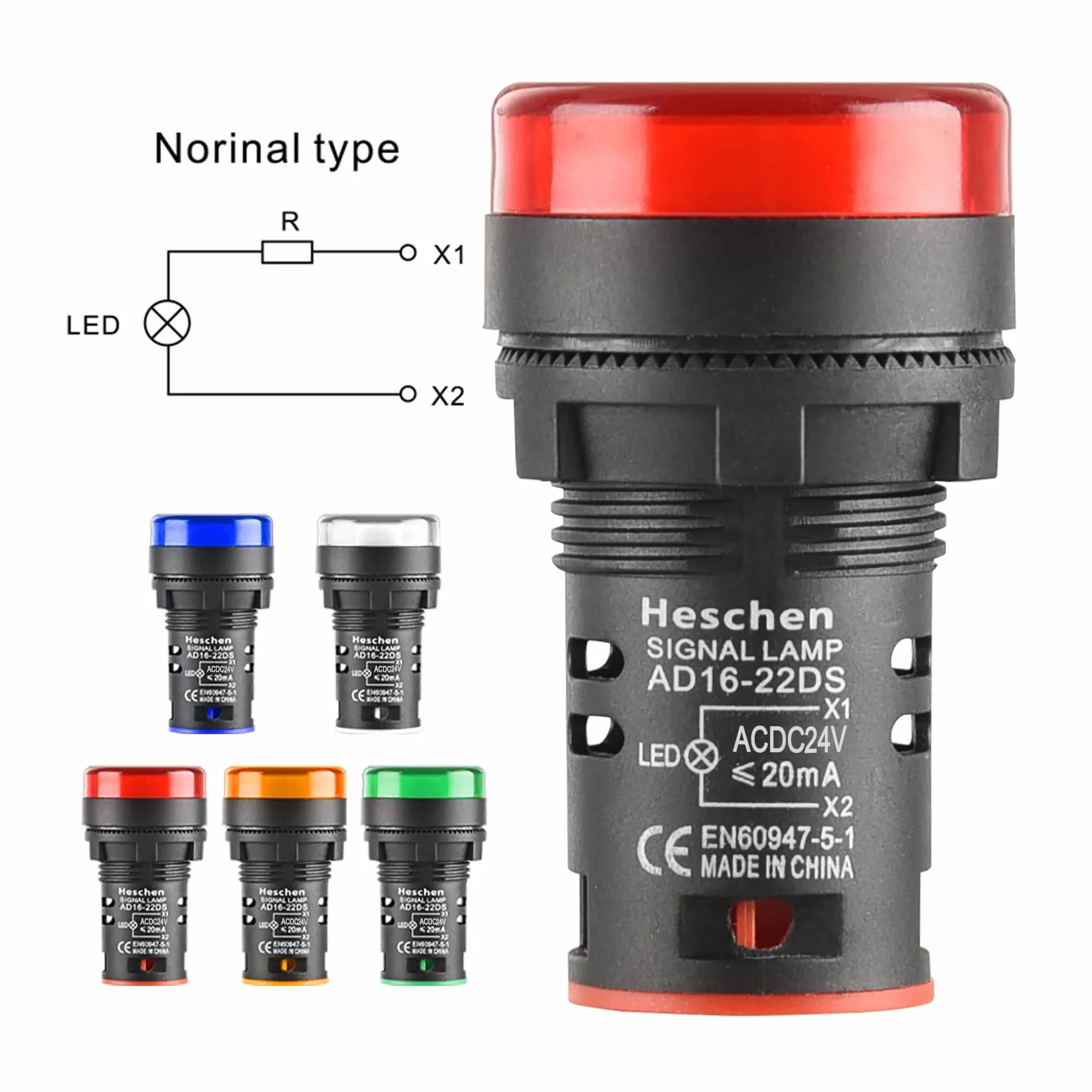 Heschen AD16-22D/S kontrolka LED 22 mm 24 V DC 20 mA 5 szt czerwony zielony żółty niebieski biały