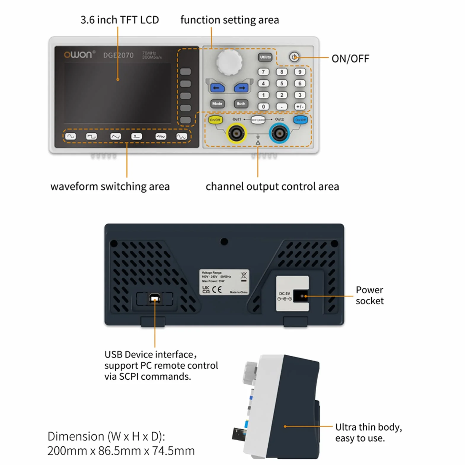OWON DGE2070 Generator Fali Dowolnej AWG 14bit pionowa rozdzielczość 2CH 70MHz 300MSa/s 3,6-calowy LCD Generator Sygnału Cyfrowego