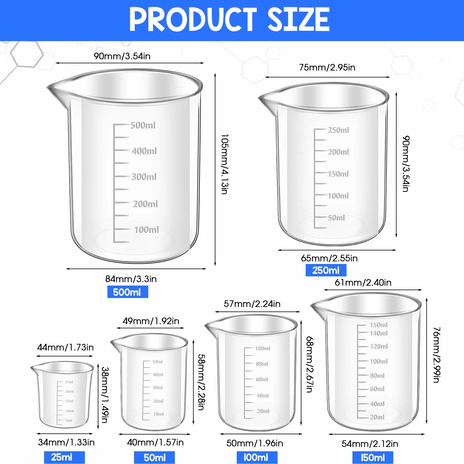 Zestaw 6 kubków miarowych Measuring Cups, kubki miarowe 25ml 50ml 100ml 150ml 250ml 500ml, precyzyjne odporne na wysokie temperatury z tworzywa sztucznego kubki miarowe ml ze skalą, do laboratorium