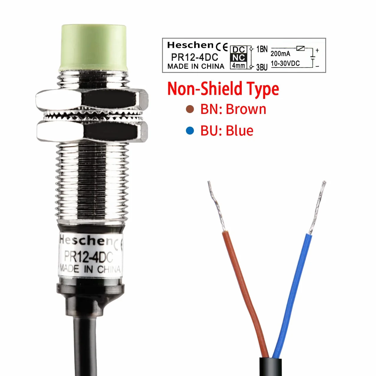 Heschen Indukcyjny czujnik zbliżeniowy PR12-4DC 4 mm M12 12-24 VDC 2-przewodowy nieekranowany NC