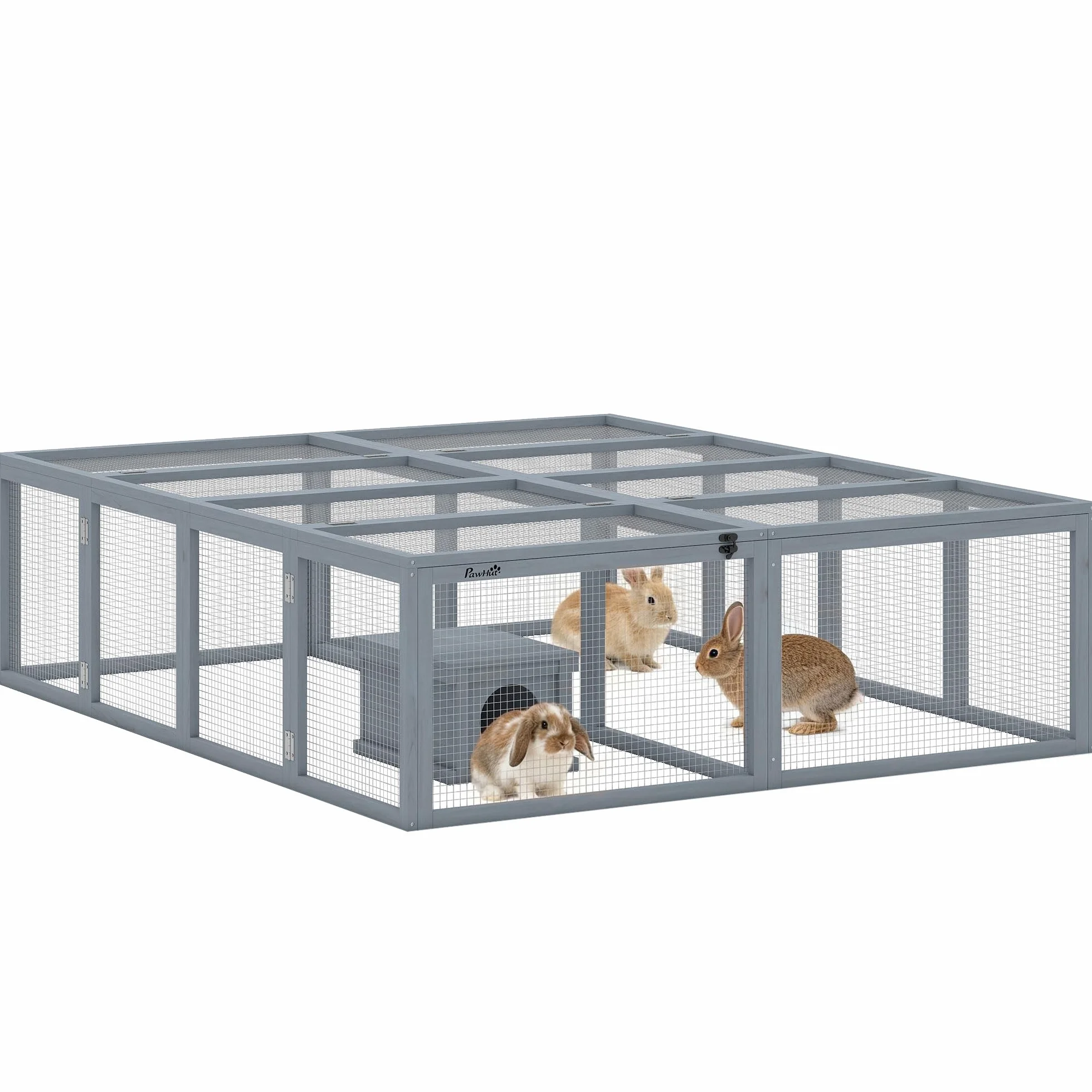 PawHut Domek dla królików z wybiegiem z drewna z otwieranym dachem 180,4 x 150 x 48 cm dla 2-4 miniaturowych królików, świnek morskich, kaczek Szary