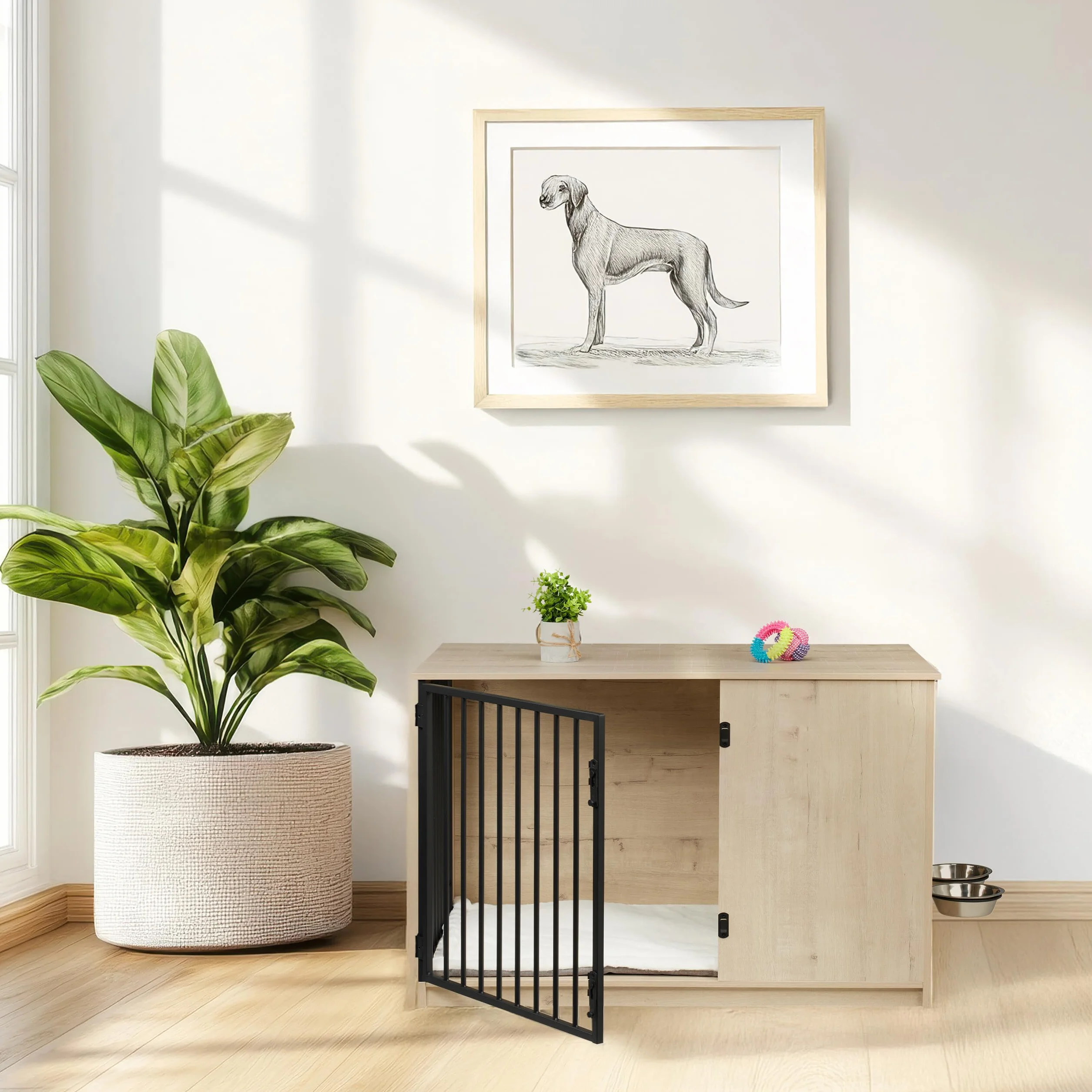 Relaxdays Klatka dla psa, do domu, (wys. x szer. x gł.): 65,5 x 102 x 60 cm, meble dla psa, 2 obrotowe miski, pudełko dla psa, MDF i stal, biały/brązowy