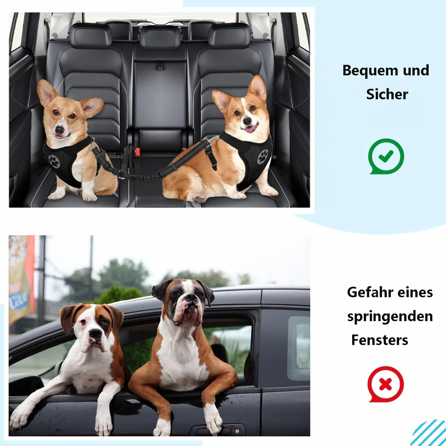 Pas bezpieczeństwa dla psa z odblaskowym, 2 w 1, czarny, regulowany pas dla psa z elastycznym pasem, pas bezpieczeństwa do samochodu, w kształcie litery Y, dwie uprząż dla psa, do podróży, na wyjścia