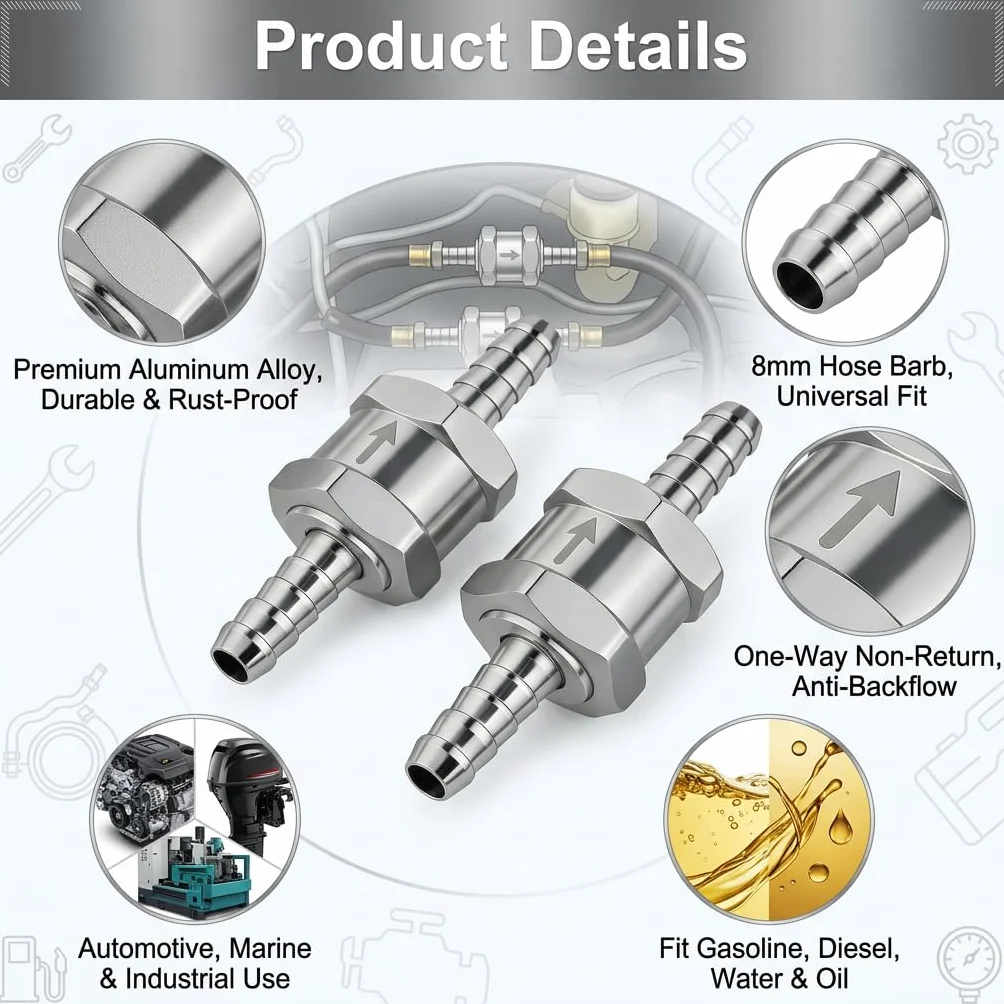 2 sztuki zaworu zwrotnego, 8 mm aluminium Zmotoryzowany zestaw uniwersalnego pionowego zaworu powrotnego paliwa, zawór zwrotny Zawór odcinający paliwa Zawór odcinający Zawór zamienny do węża powietrz
