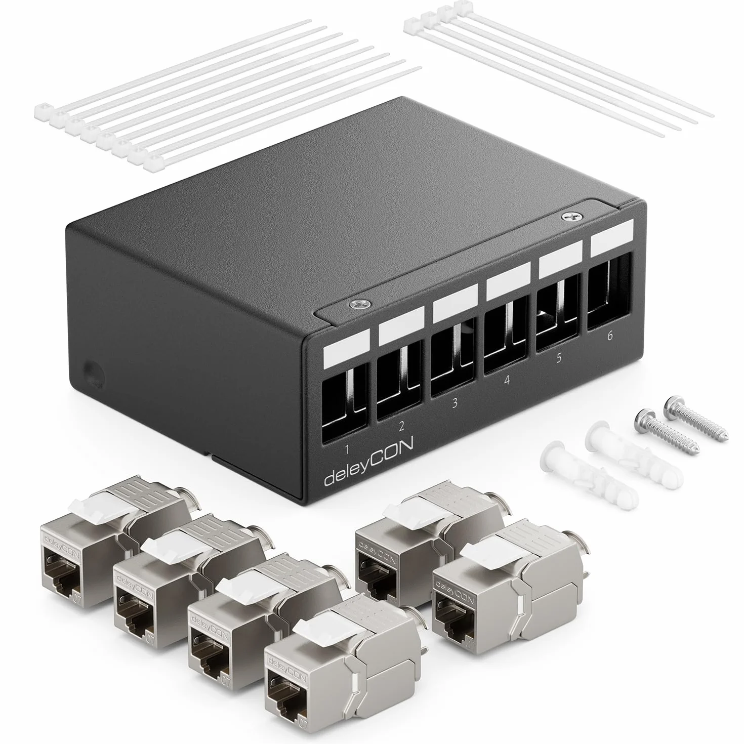 deleyCON 6 Porty CAT7 Zestaw Paneli Krosowych z 6x CAT.7 RJ45 Moduł Keystone Jack STP 10 Gbit/s - Kompatybilny z Kabel Instalacyjny CAT6 CAT6a CAT7 CAT8 Ethernet LAN DSL Kabel Sieciowy - Czarny