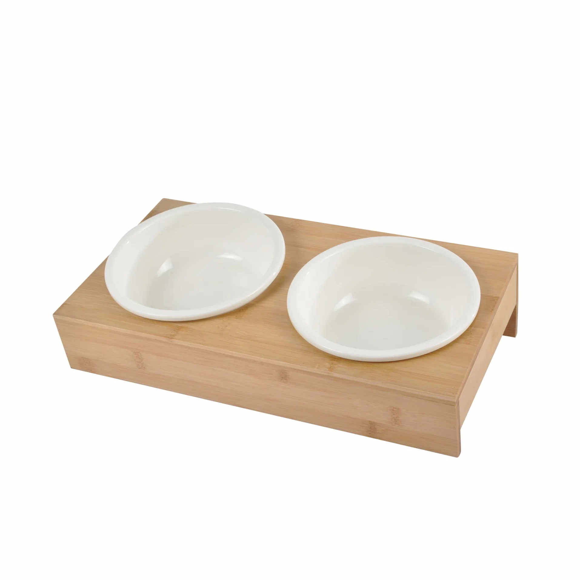 Podwójna miska ceramiczna z uchwytem naturalnego bambusa D16 cm, 37 x 19,5 cm, biała