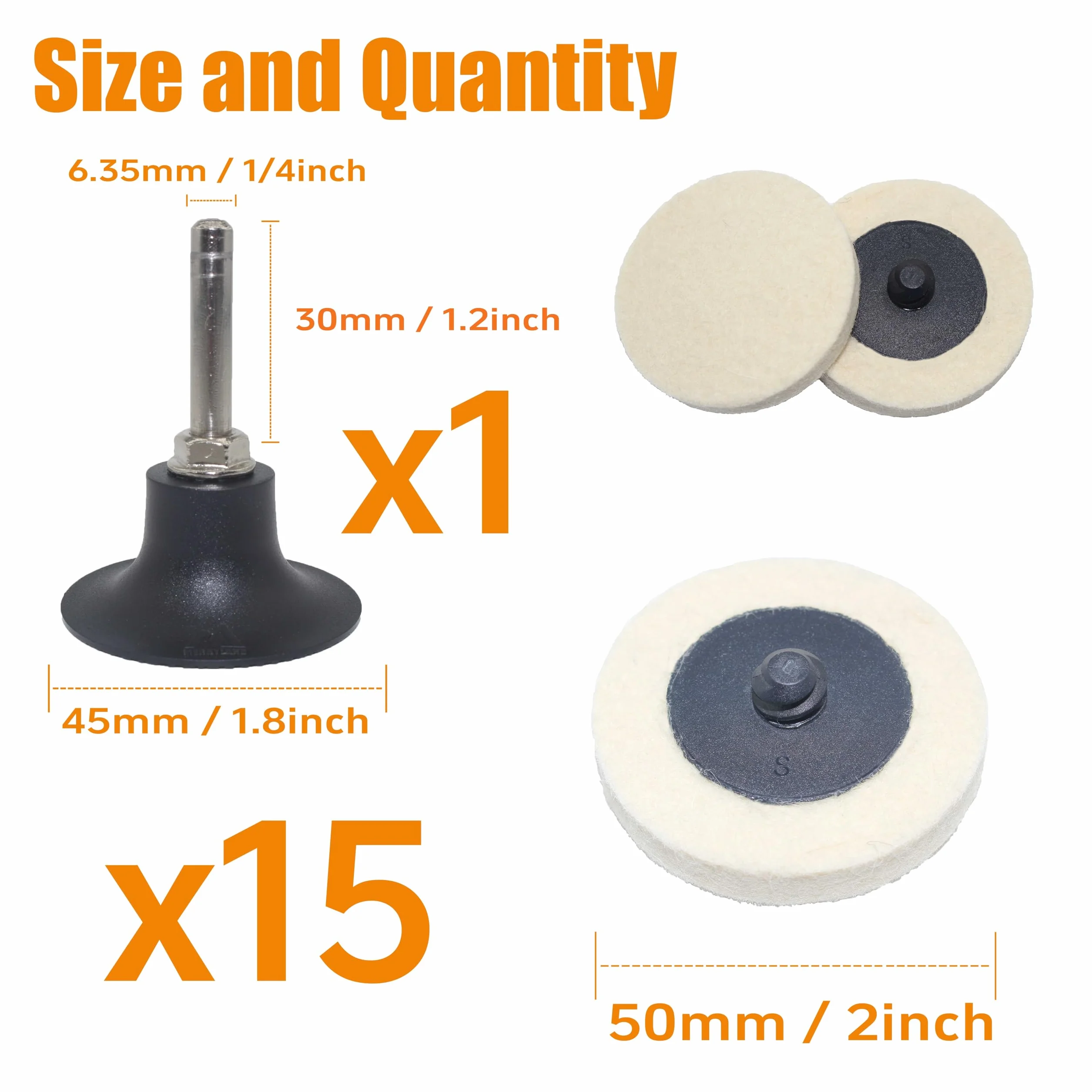 Merryland Filcowa Tarcza Polerska 50mm Szlifierka Trzpieniowa, 50 mm Filcowe Koła Polerskie 15 Sztuk Z Trzonkiem 6,35mm, Wełna Krążek Do Ścierania Metal Stal Żelazo Stal, DGTAB17C1