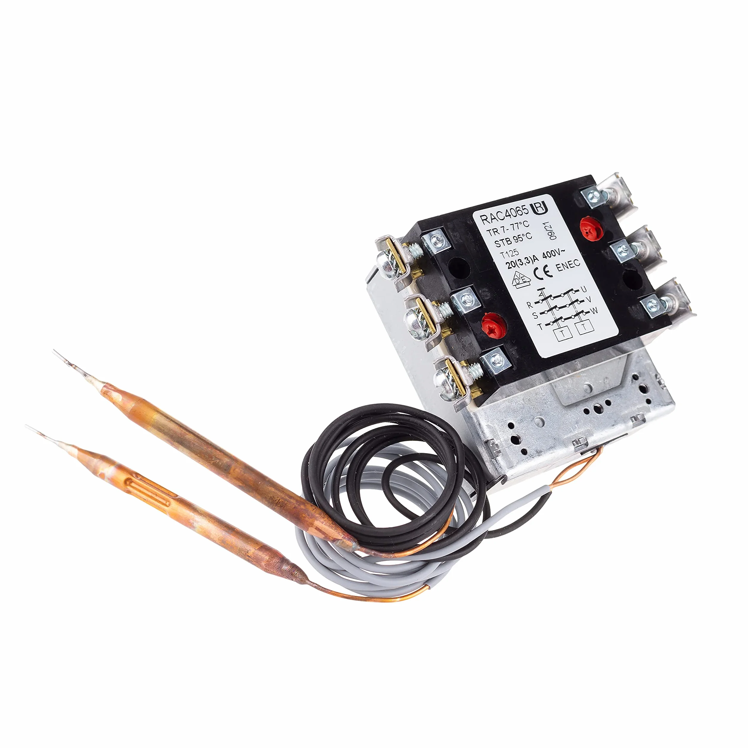 Rathgeber Termostat połączony z bezpiecznikiem termicznym typu RAC, ręczny reset termostat, trójfazowy 20 (30) A/400 V (7 – 77 °C / M4 x 8, 45°C)