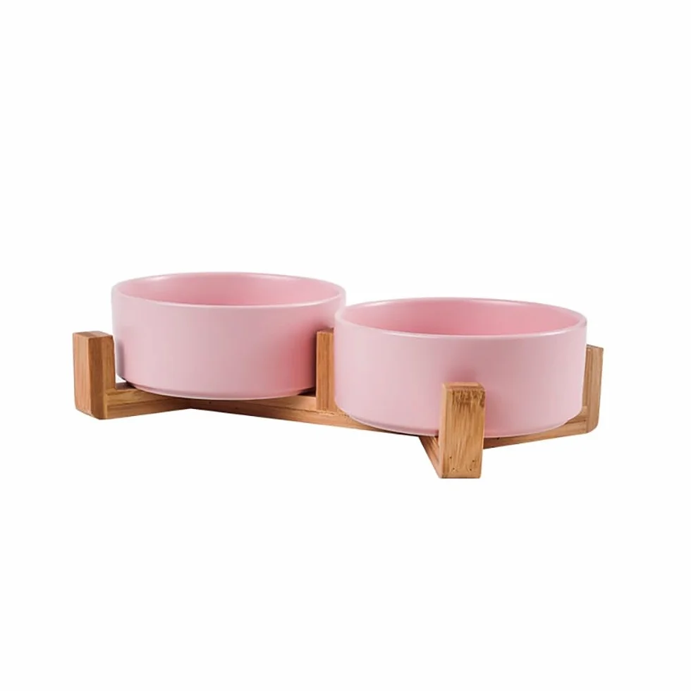 Ceramiczny Podwójny Zestaw Misek Dla Zwierząt | Podwyższona Ceramiczna Podwójna Miska Dla Zwierząt, Umieszczona Na Drewnianej Podstawie Do Użytku(Pink,11cm)