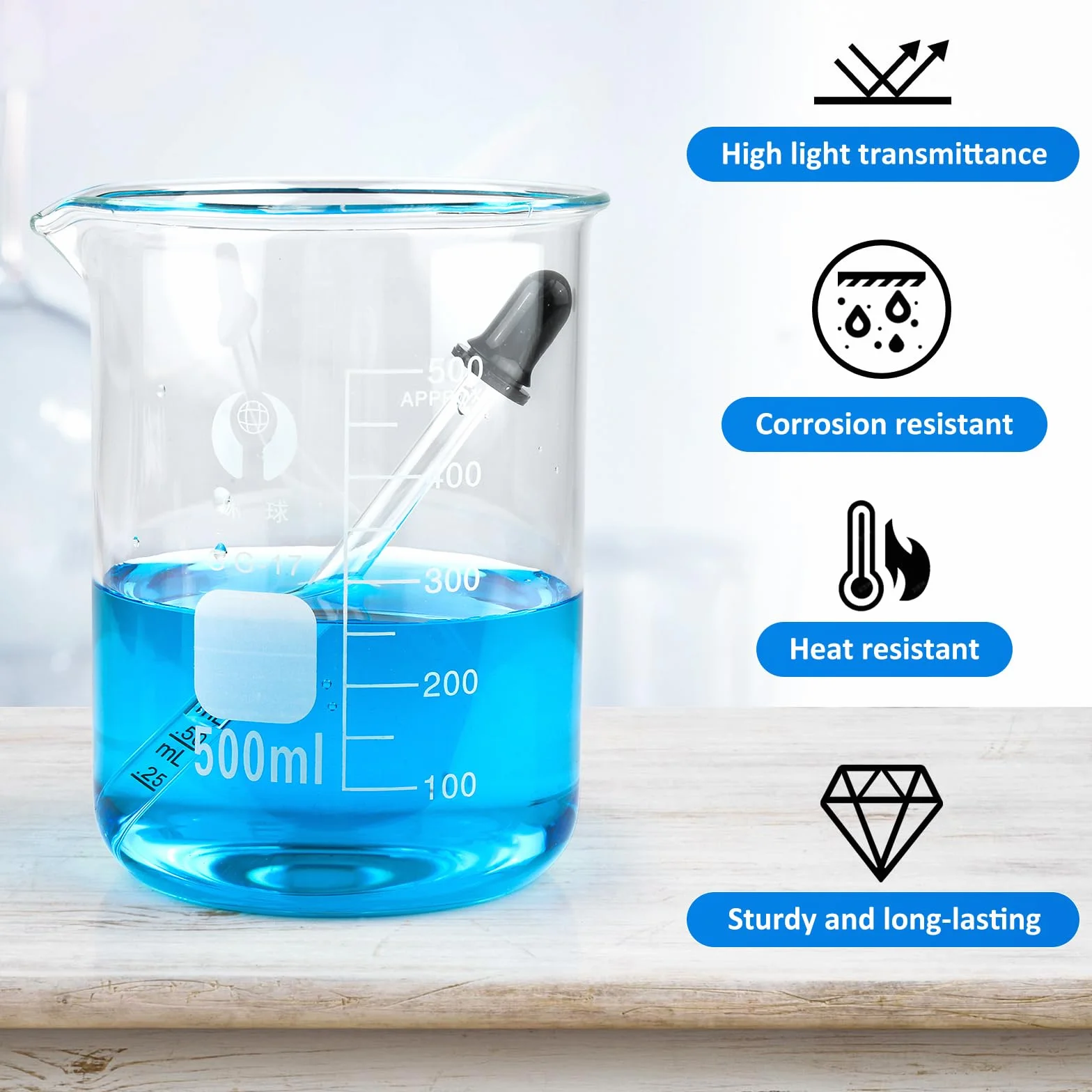 Zestaw 5 szklanek laboratoryjnych miarowych 25-500ml szkło borokrzemowe z podziałką