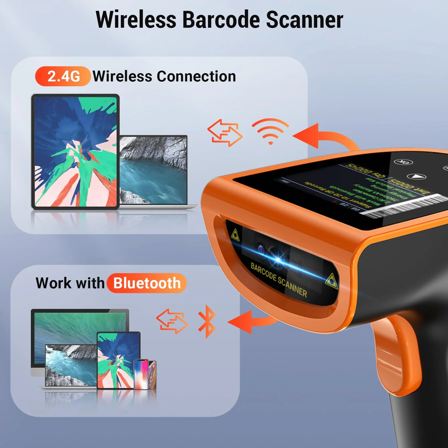Tera Skaner kodów kreskowych 1D 2D QR z cyfrowym ekranem ustawień i panelem przyciskowym, szybkie skanowanie, działa z Bluetooth 2.4G, bezprzewodowy i kabel USB, instrukcja obsługi w języku