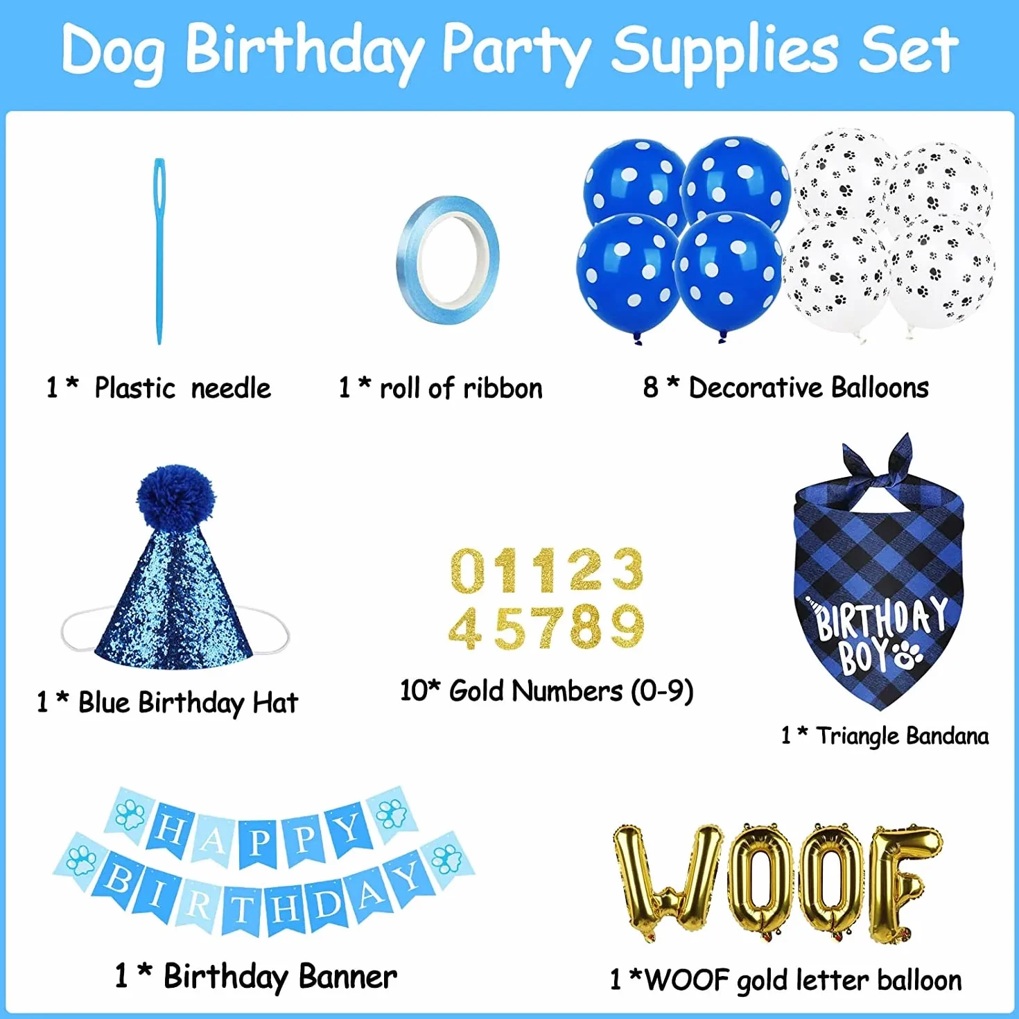 Boxgear Akcesoria na imprezę urodzinową psa, kapelusz bandana, zestaw banerów, WOOF, balony Happy Birthday, akcesoria na imprezę urodzinową dla zwierząt domowych, szczeniaków, kotów
