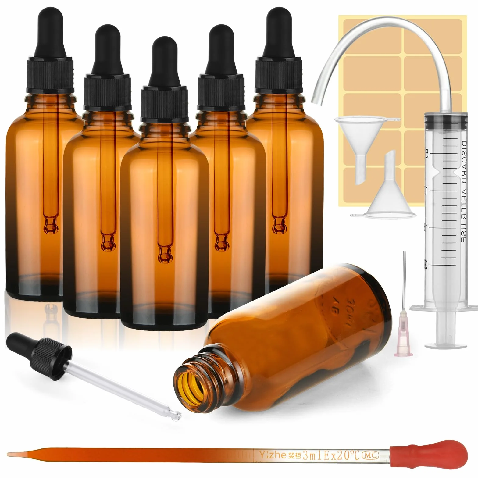 Butelka szklana bursztynowa 50 ml z kroplomierzem pipetą lejkiem 6 szt.