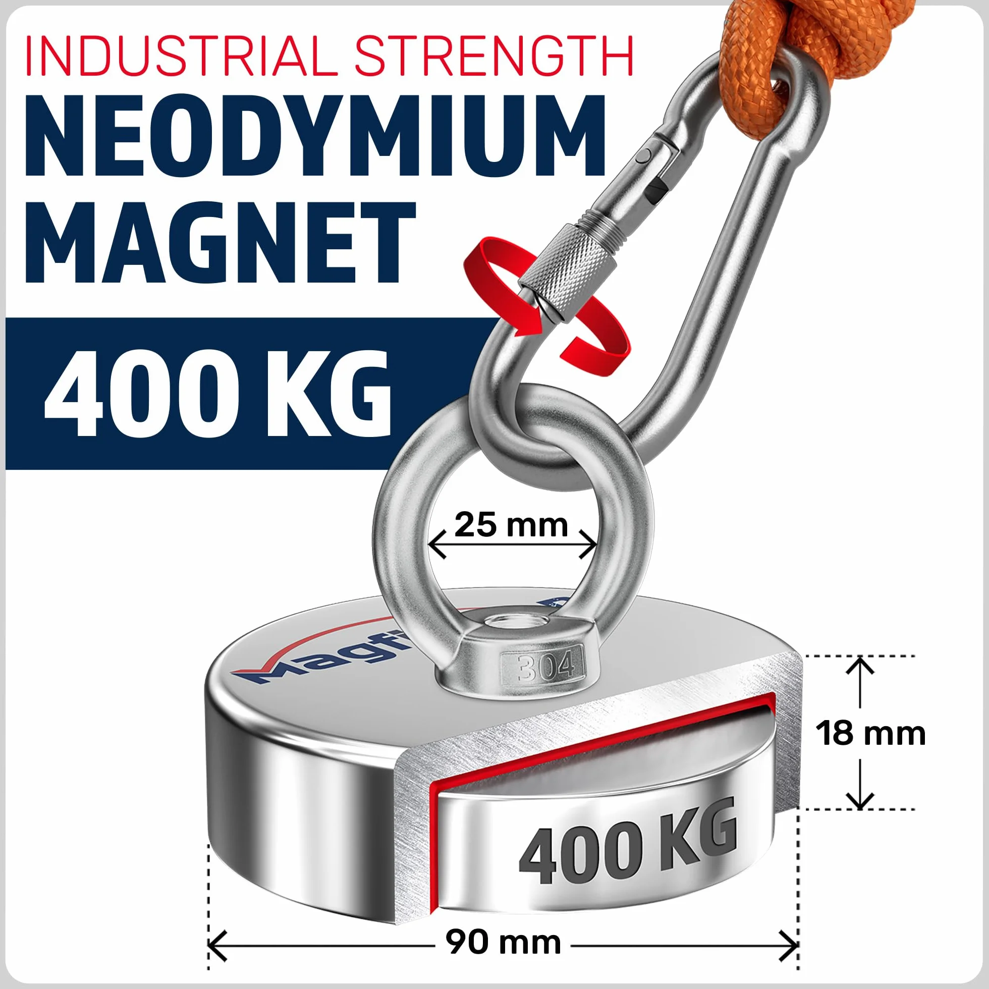 MAGFISHION Zestaw do Magnetycznego Wędkarstwa 400KG Ø90mm Magnes Neodymowy z Liną 20M i Rękawicami