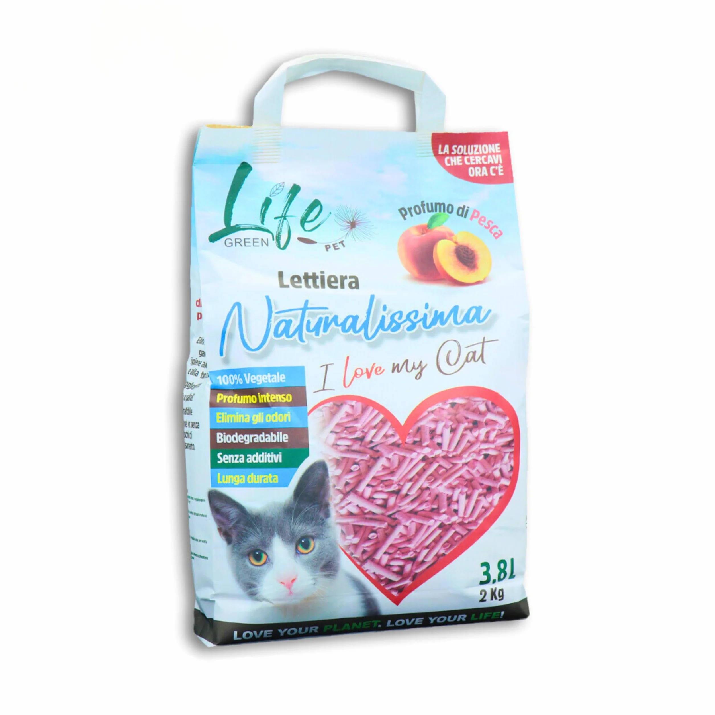 Naturalna żwirek dla kota, 2 kg, brzoskwinia, z włóknem grochowym i skrobią kukurydzianą, roślinnym, biodegradowalna, złuszczająca 3,8 l, eliminująca zapachy