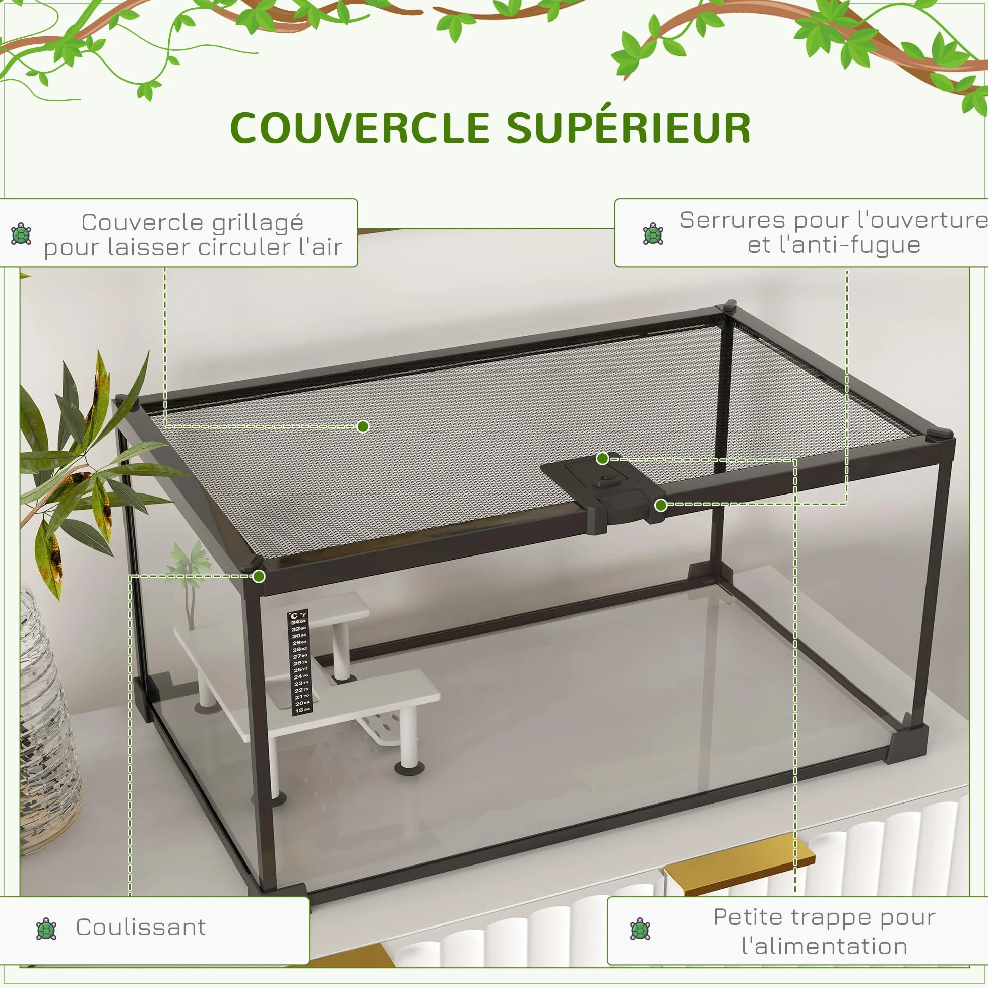PawHut Pojemnik na gady Akwarium Żółwie Terrarium Siedlisko Przesuwne Siatka metalowa termometr, platforma z rampą, ozdobne palmy kokosowe i karmnik w zestawie szkło metalowe