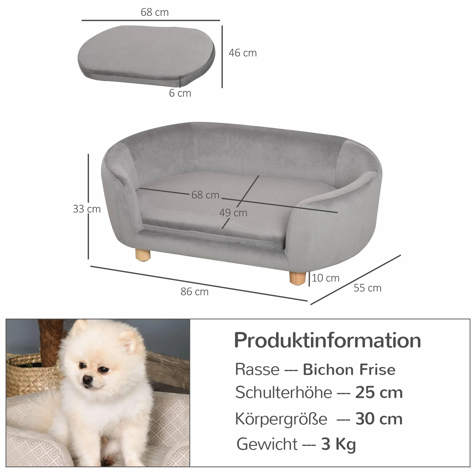 PawHut Sofa dla zwierząt domowych Sofa dla psa Legowisko dla psa holenderski aksamit pianka nogi brzozowe dla kotów psów 86 x 55 x 33 cm jasnoszary