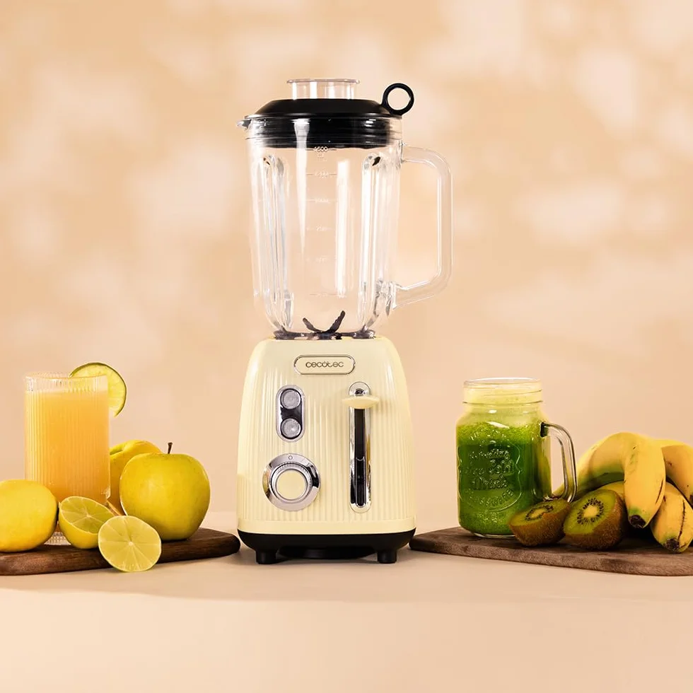 Cecotec Mikser stojący Retro Power Black Titanium RetroYellow, maksymalna moc 1200 W, szklany pojemnik 1,5 l, regulowana prędkość, 4 ostrza z czarną powłoką tytanową, silnik 100% miedziany