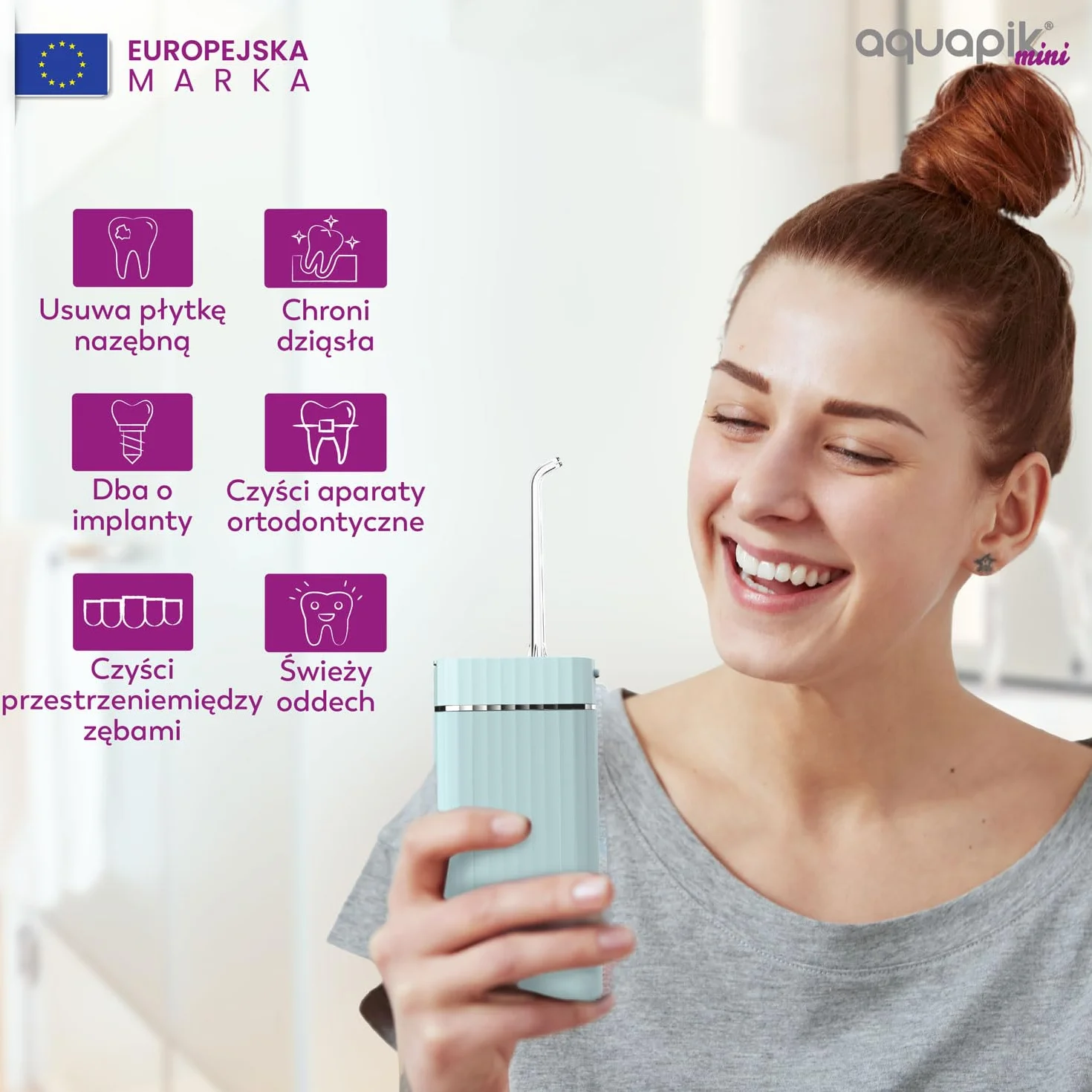 Aquapik Mini przenośny irygator dentystyczny. 3 tryby użytkowania, wodoodporny IPX7, 4 dysze w zestawie, akumulator i kompaktowy, idealny w podróży, polecany przez dentystów dla całej rodziny.