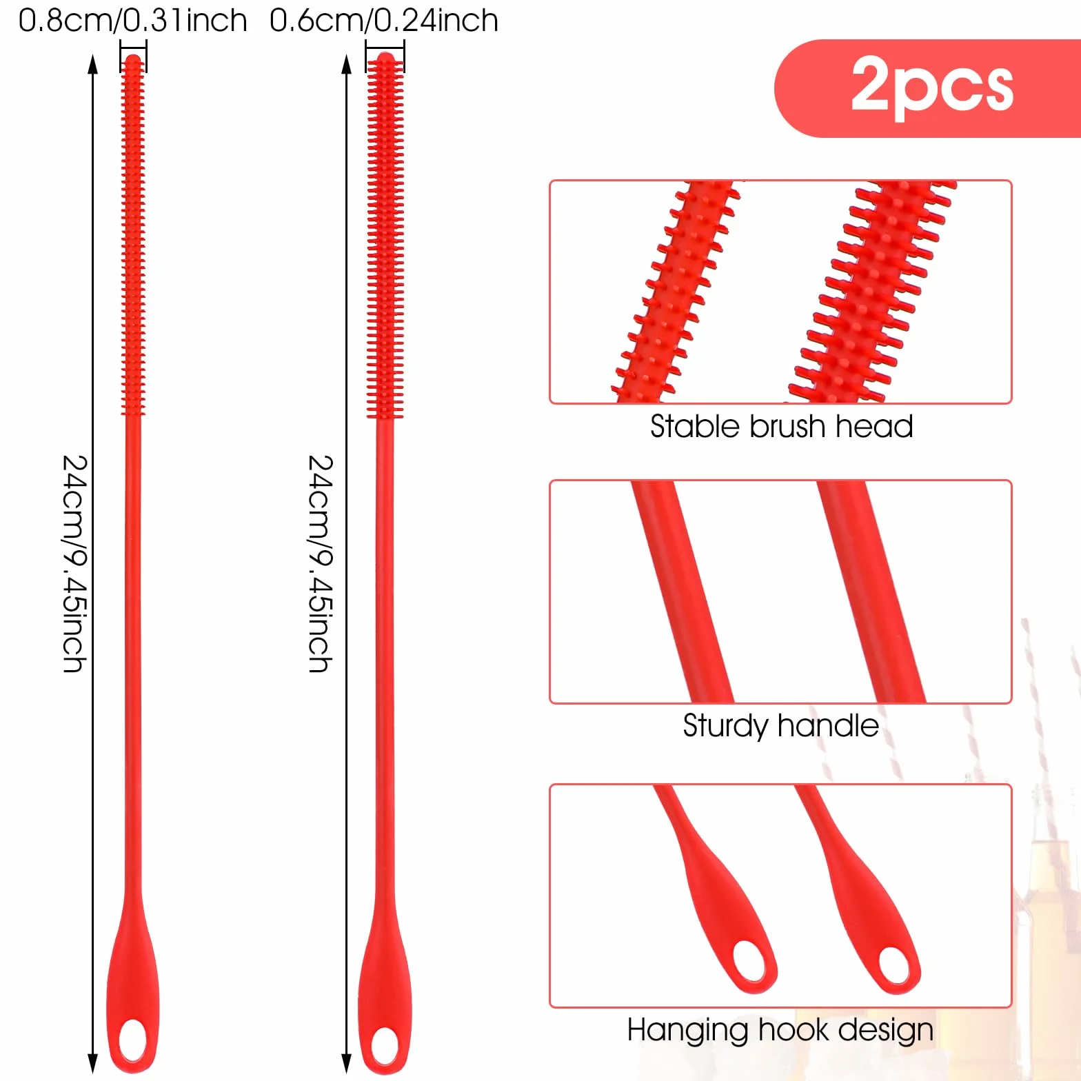 Bardzo długa, zginana szczotka do czyszczenia słomek – silikon wielokrotnego użytku i wisząca, 2 szt. do słomek 6 mm, 8 mm, szczeliny, butelek, szklany metal