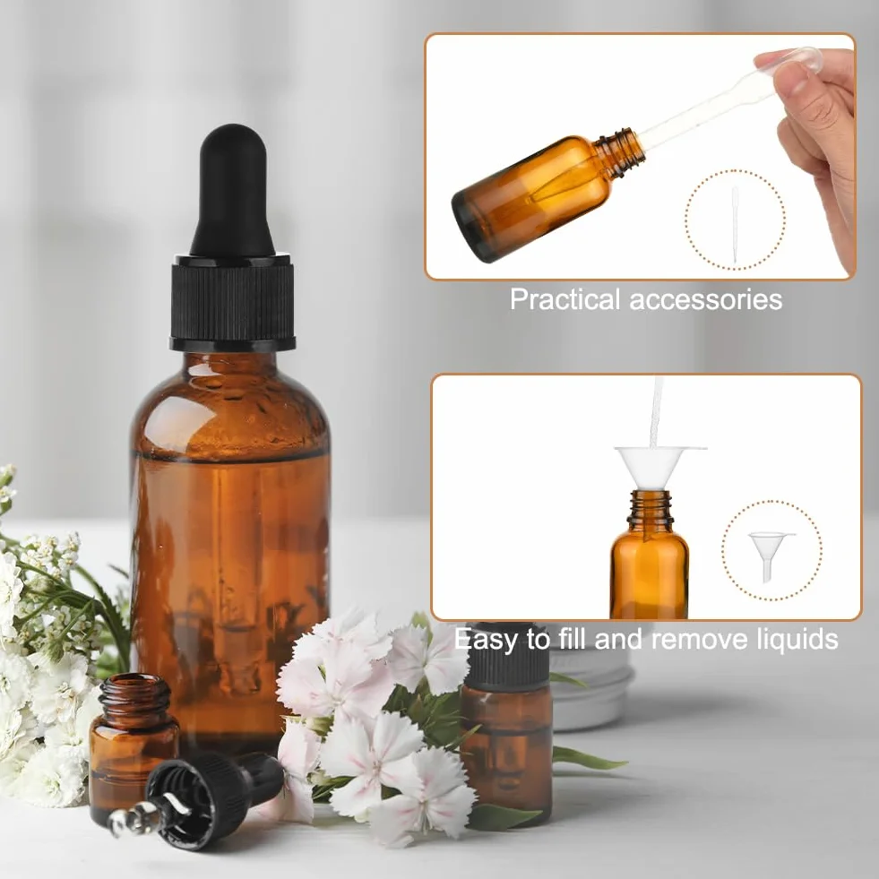Zestaw butelek z zakraplaczem, 6 x 30 ml brązowe szklane butelki z zakraplaczem, mała pipeta ze szklaną pipetą, do laboratorium, olejków eterycznych, kosmetyków, aromaterapii