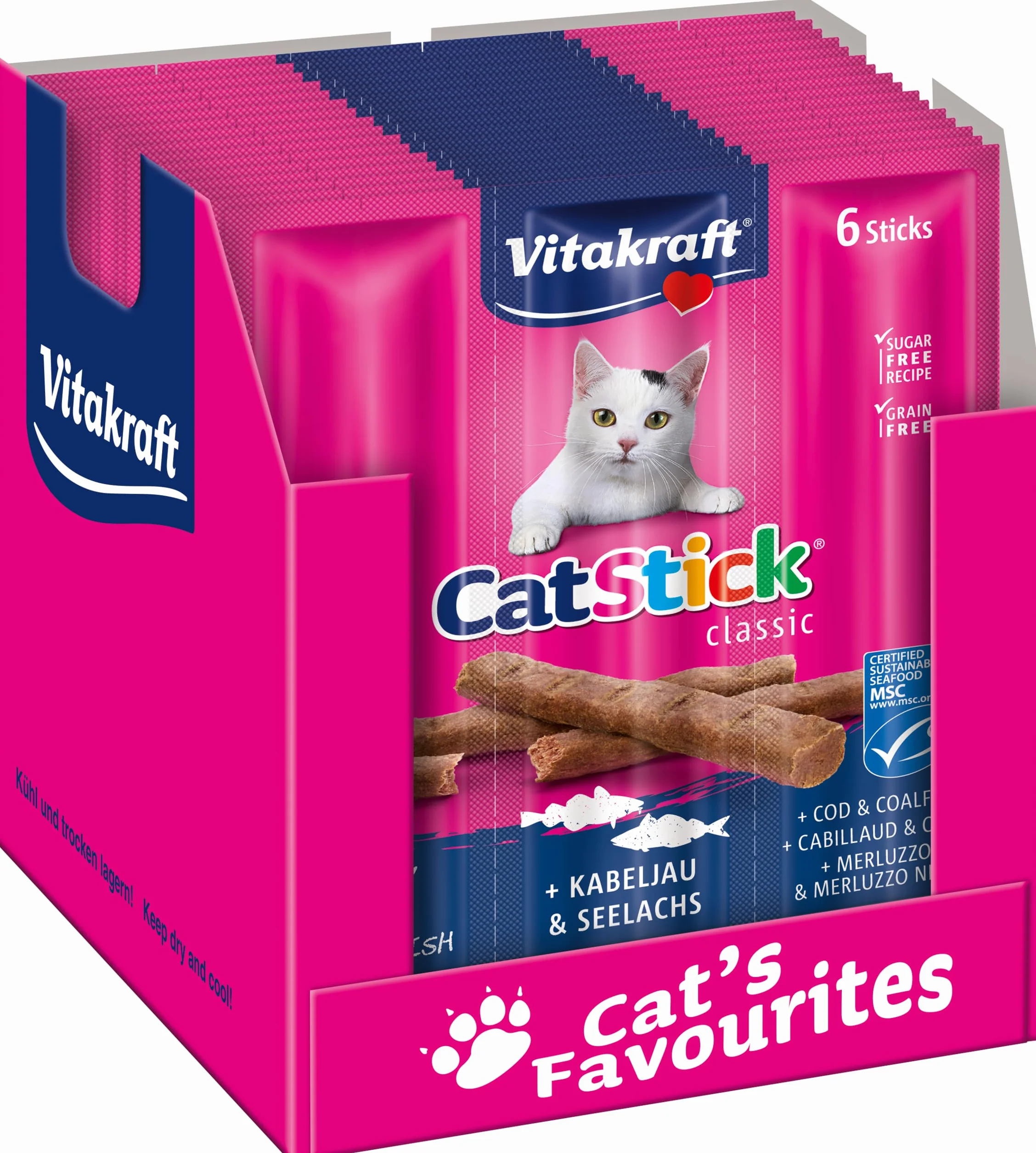 Vitakraft Cat Stick Classic, przysmak dla kotów, mięsisty kij, z dorszem i mintajem, rozmiar do przechowywania, bez dodatku cukru (10 x 36 g)