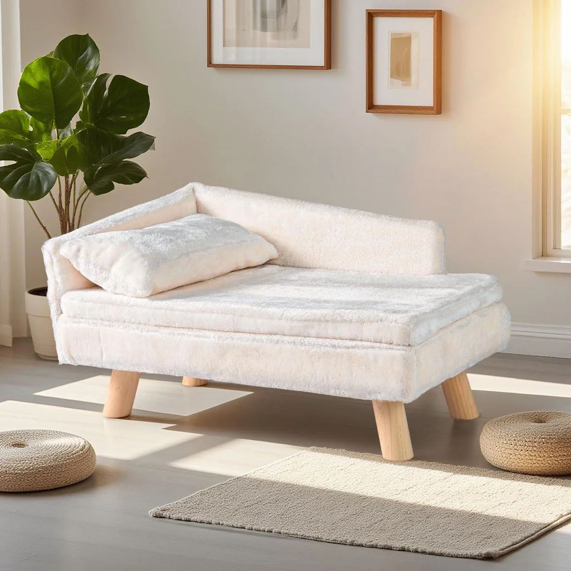 COSTWAY Luksusowa sofa dla kota, podwyższone legowisko dla kota, kanapa z 2 zdejmowanymi poduszkami, oparciem i drewnianymi nogami, miękka, dla średnich i małych kotów, sofa dla psów do wnętrz, biała