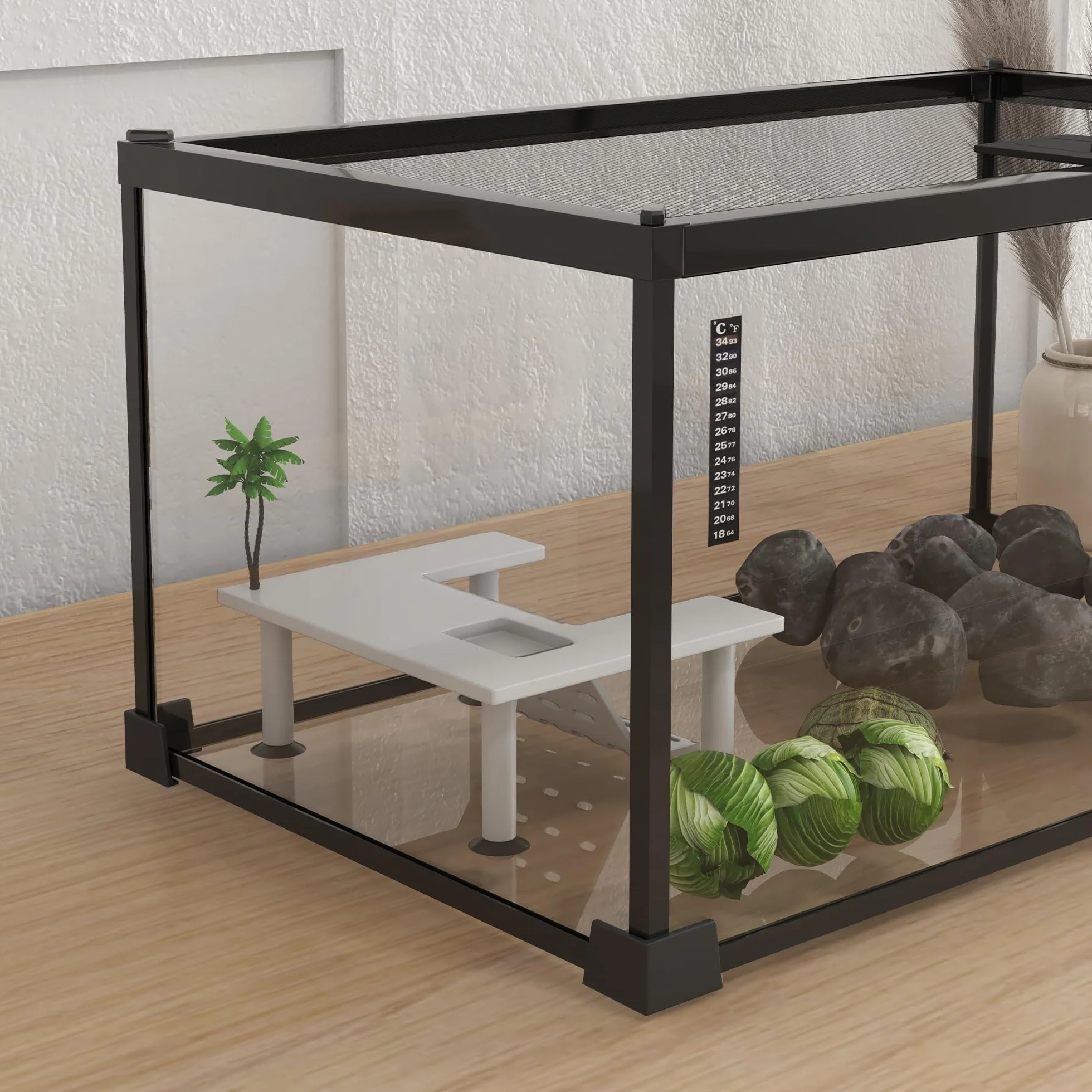 PawHut Pojemnik na gady Akwarium Żółwie Terrarium Siedlisko Przesuwne Siatka metalowa termometr, platforma z rampą, ozdobne palmy kokosowe i karmnik w zestawie szkło metalowe