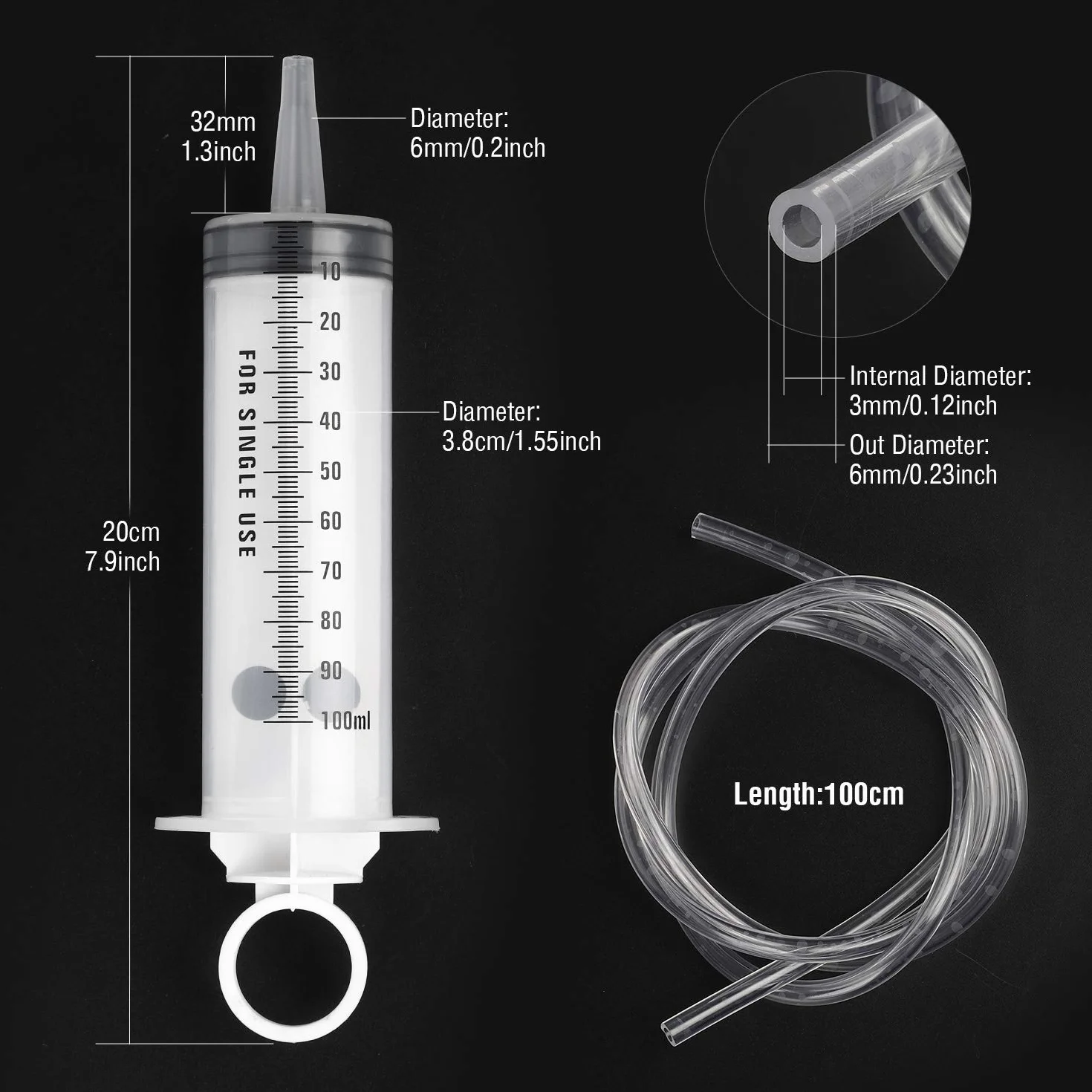 Hyber&Cara Strzykawka 100 ml z rurką 100 cm, duża plastikowa strzykawka pomiarowa 2 szt