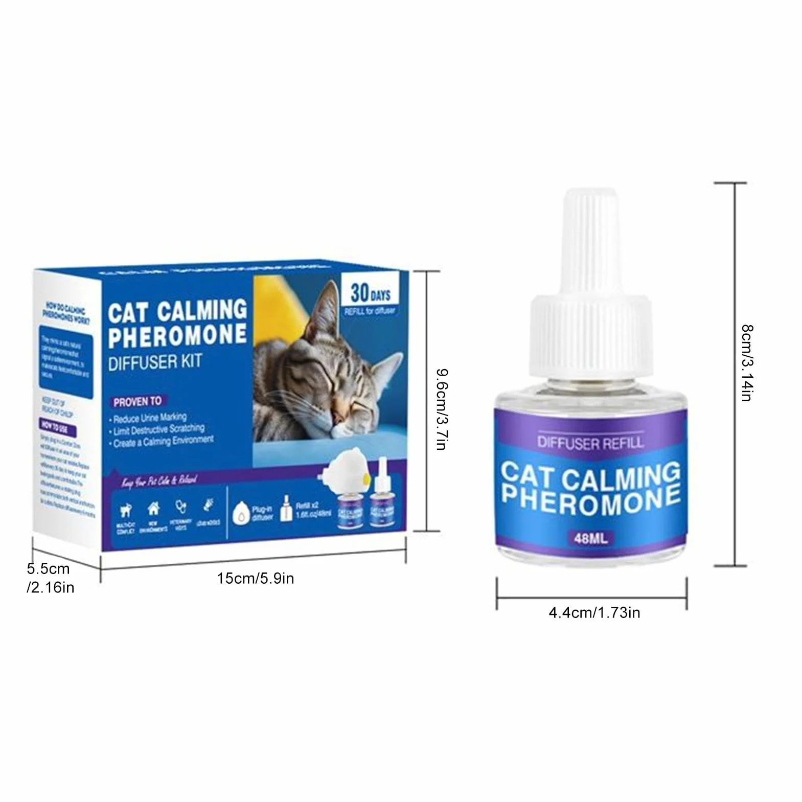 Cat Calming Dyfuzor, feromony kota uspokajające napełnienie dyfuzora | Dyfuzor relaksacji,60 dni trwałej wtyczki uspokajające kota Uwolnienie utrzymywanego feromonu w celu zmniejszenia stresu