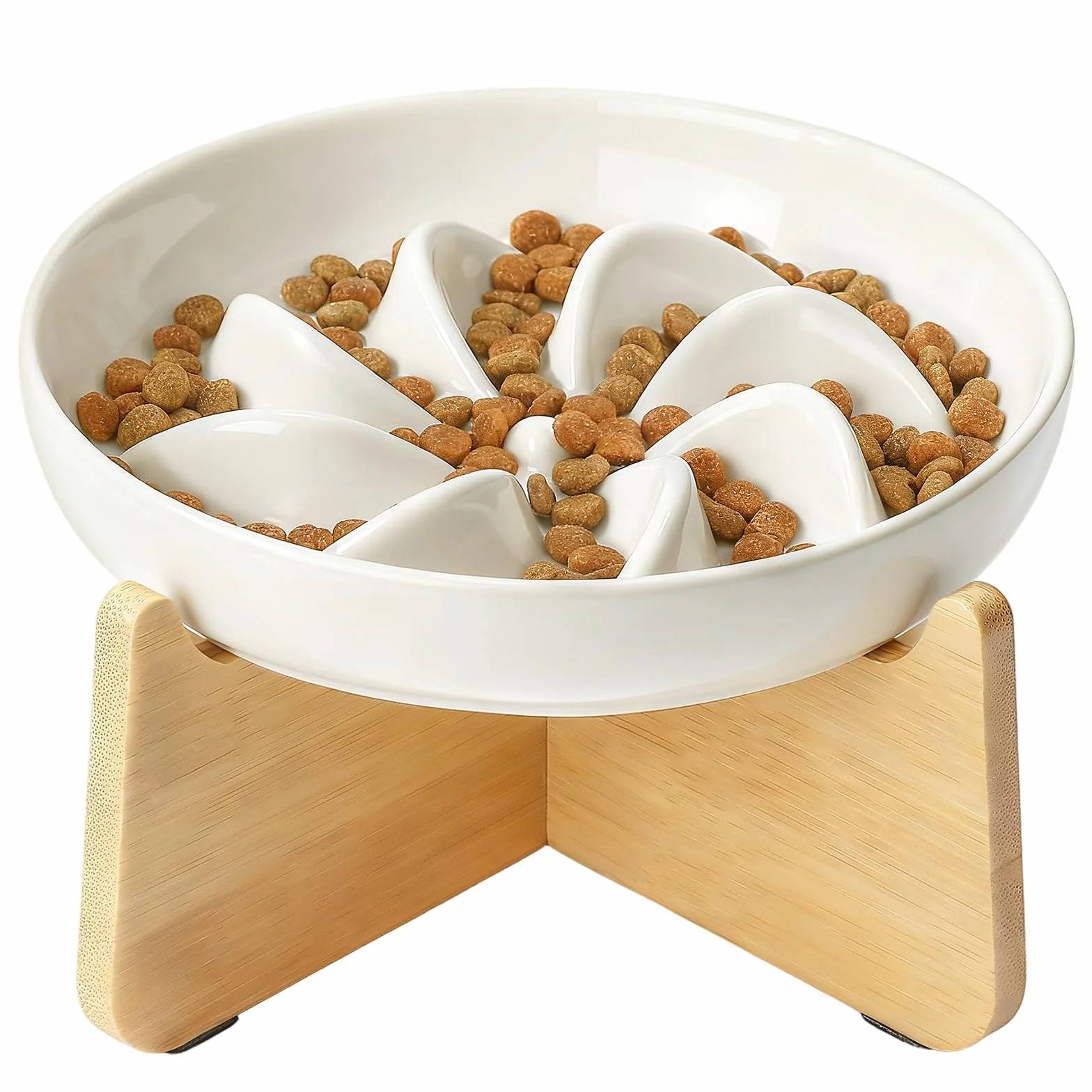 PETTOM Miska dla kota z powolnym karmieniem ceramiczna z bambusowym stojakiem, podwyższona krawędź odporna na rozlanie miski dla kotów do wolnego jedzenia dla mokrego pokarmu/suszonego pokarmu (Biały)