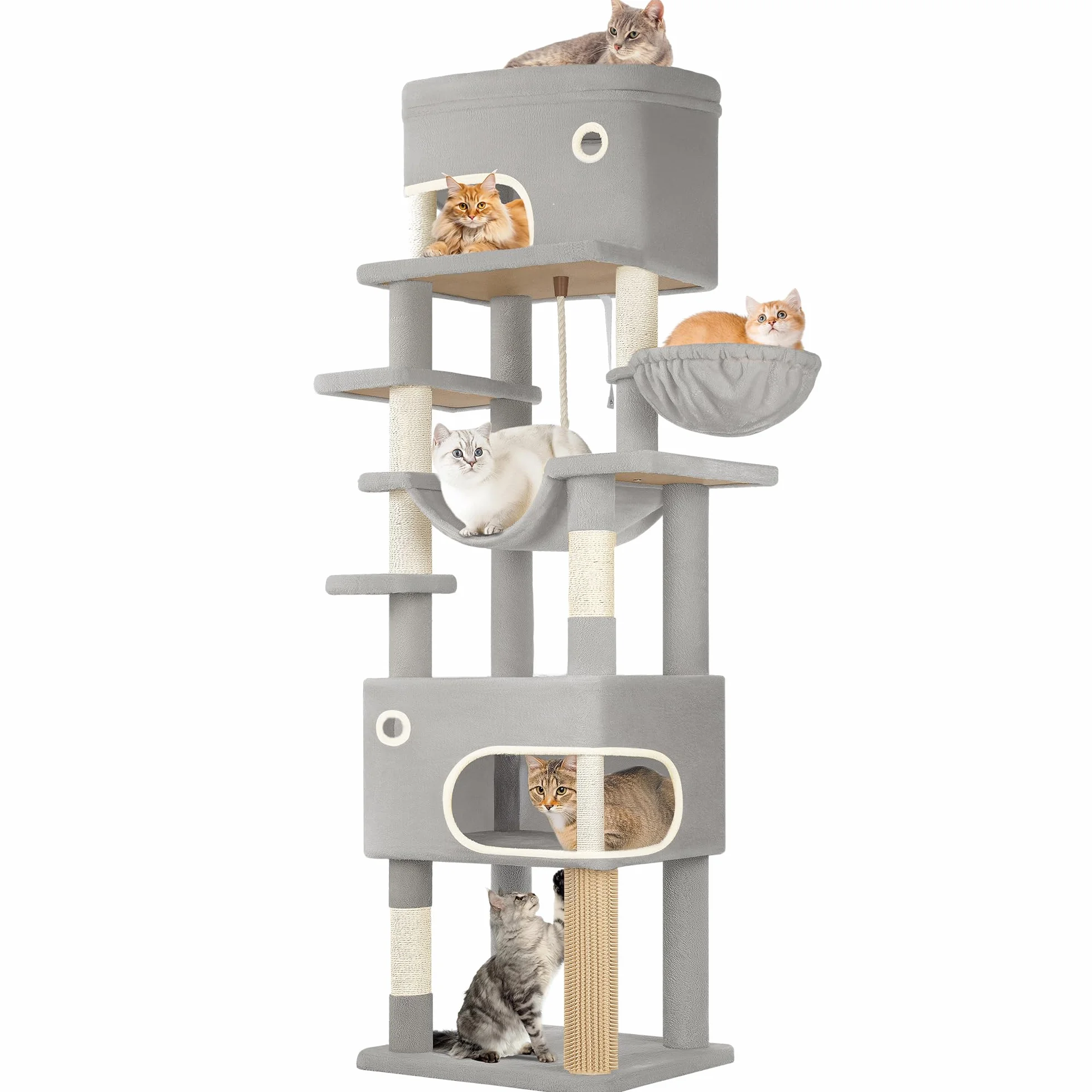 Hzuaneri Cat Scratching Post, 203 cm, wielowarstwowy koci pawilon z dużą platformą, 2 jaskinie, 7 słupków sizalowych, pompony, kosz dla kota, hamak, Jasnoszary MS20318LG