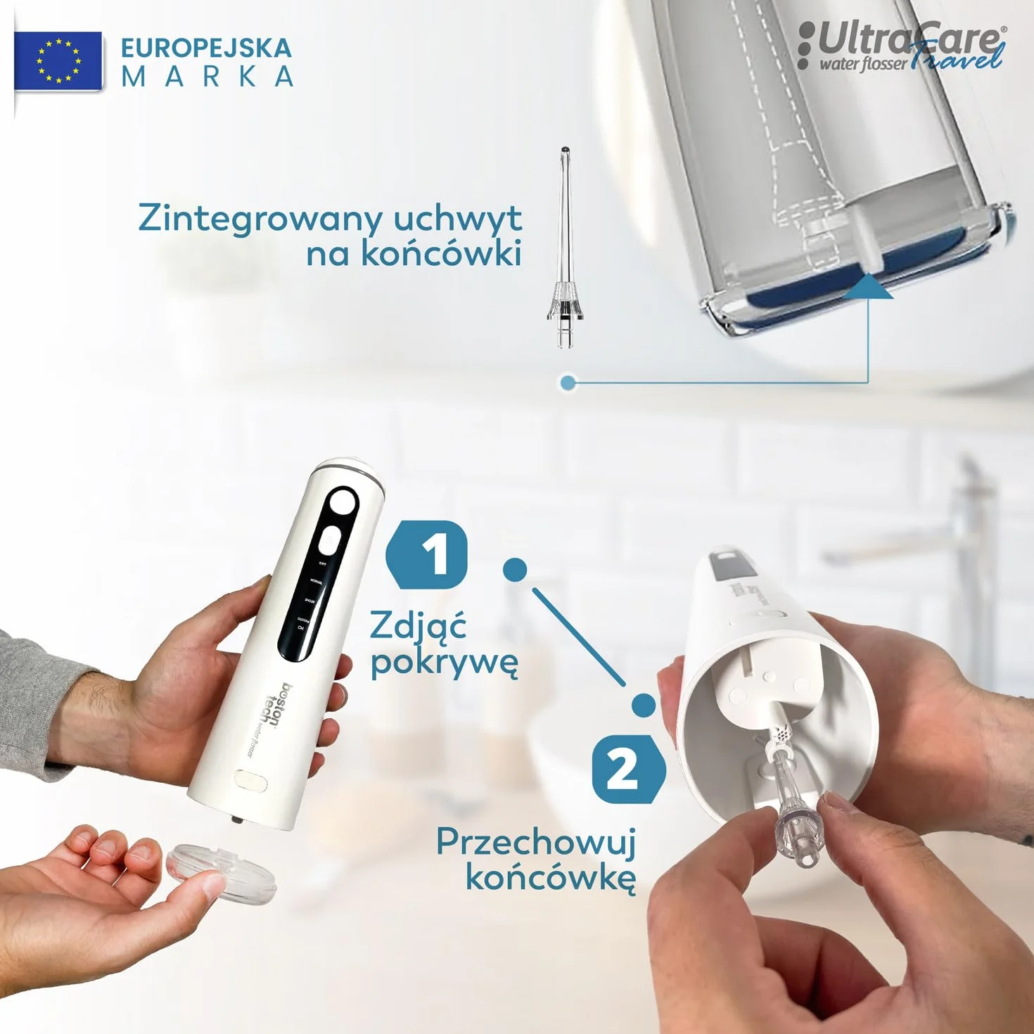 Aquapik® Travel przenośny irygator dentystyczny UltraCare | Usuwa płytkę nazębną + zalecany przez dentystów + Dbaj o implanty i ortodoncję | 8 ustników + 4 tryby użytkowania + zbiornik 300 ml (biały)