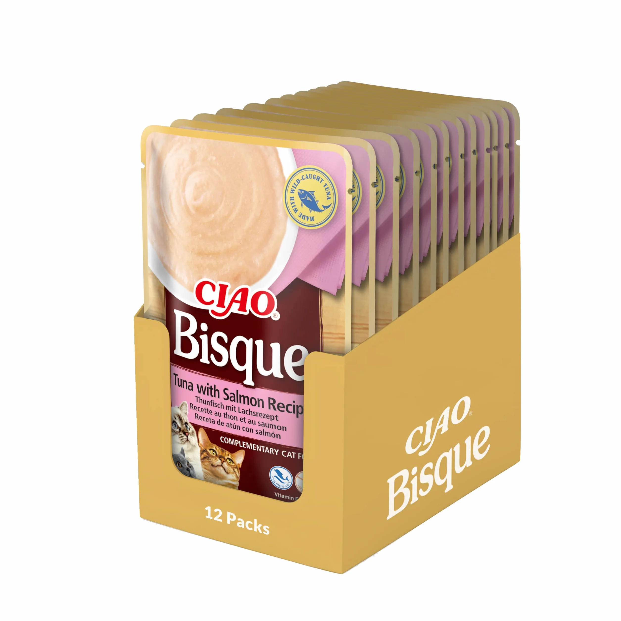 INABA Ciao Bisque mokra karma dla kotów, 30% tuńczyka i 86% wilgoci, bez zbóż, bez cukru, bez produktów ubocznych, kremowa pasta i pyszna zupa dla kotów z Japonii, 40 g (12 sztuk)