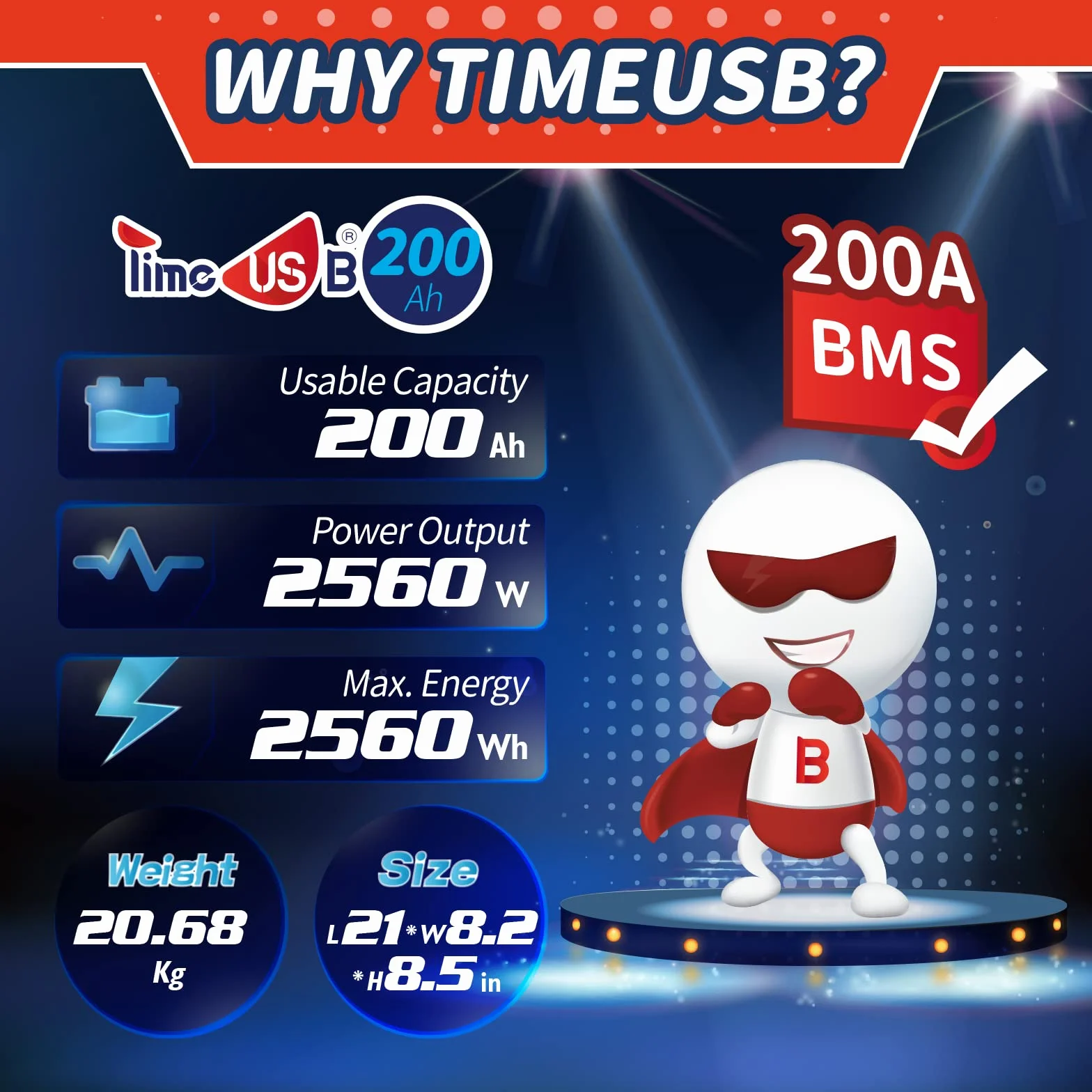 Timeusb Akumulator LiFePO4 12V 200Ah PLUS 2560Wh Akumulator litowy z BMS 200A,Akumulator głębokiego cyklu Moc wyjściowa 2560W,Bateria litowo-żelazowo-fosforanowa dla Solarny Kemping Łódź Strona główna