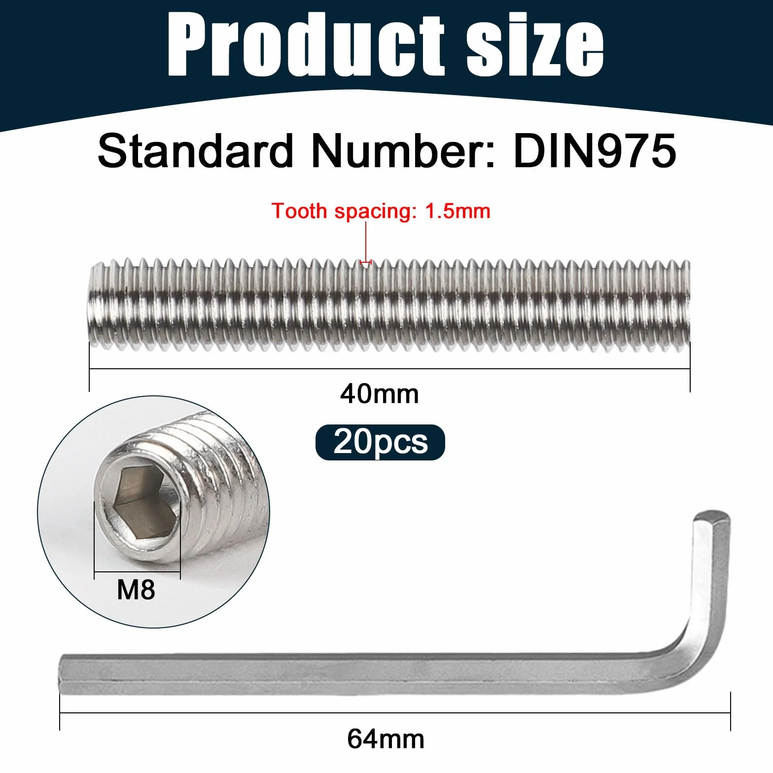 Pręt gwintowany M8 x 40 mm ze stali nierdzewnej, pręty gwintowane z kluczem imbusowym, DIN 975, pręt gwintowany do montażu mebli i produkcji przemysłowej