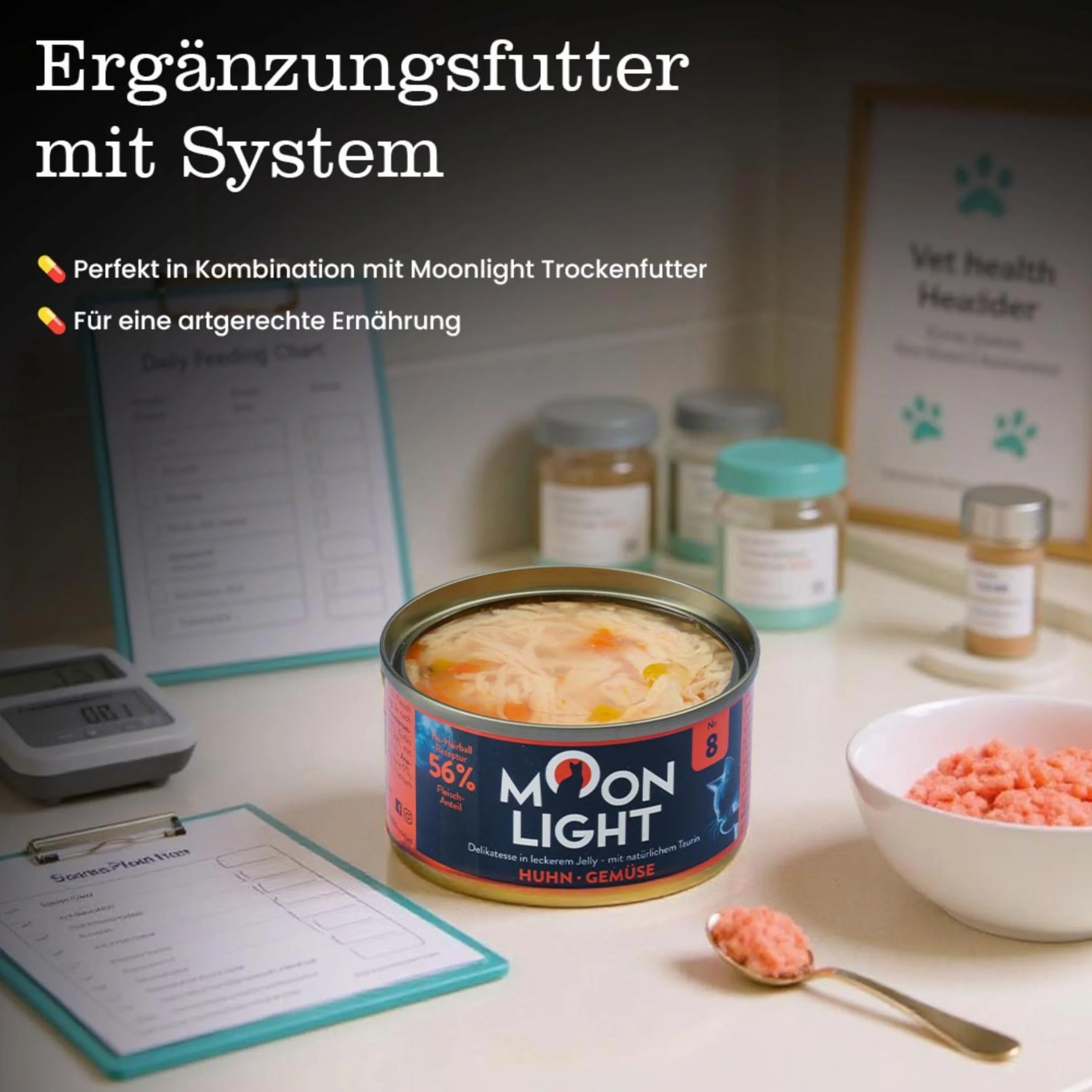 Moonlight Premium mokra karma dla kota nr 8 – puszka 24 x 80 g – bez zbóż, z zawartością mięsa, kurczaka i warzyw – delikatna karma filetowa we własnym soku – wysokiej jakości karma dla smakoszy