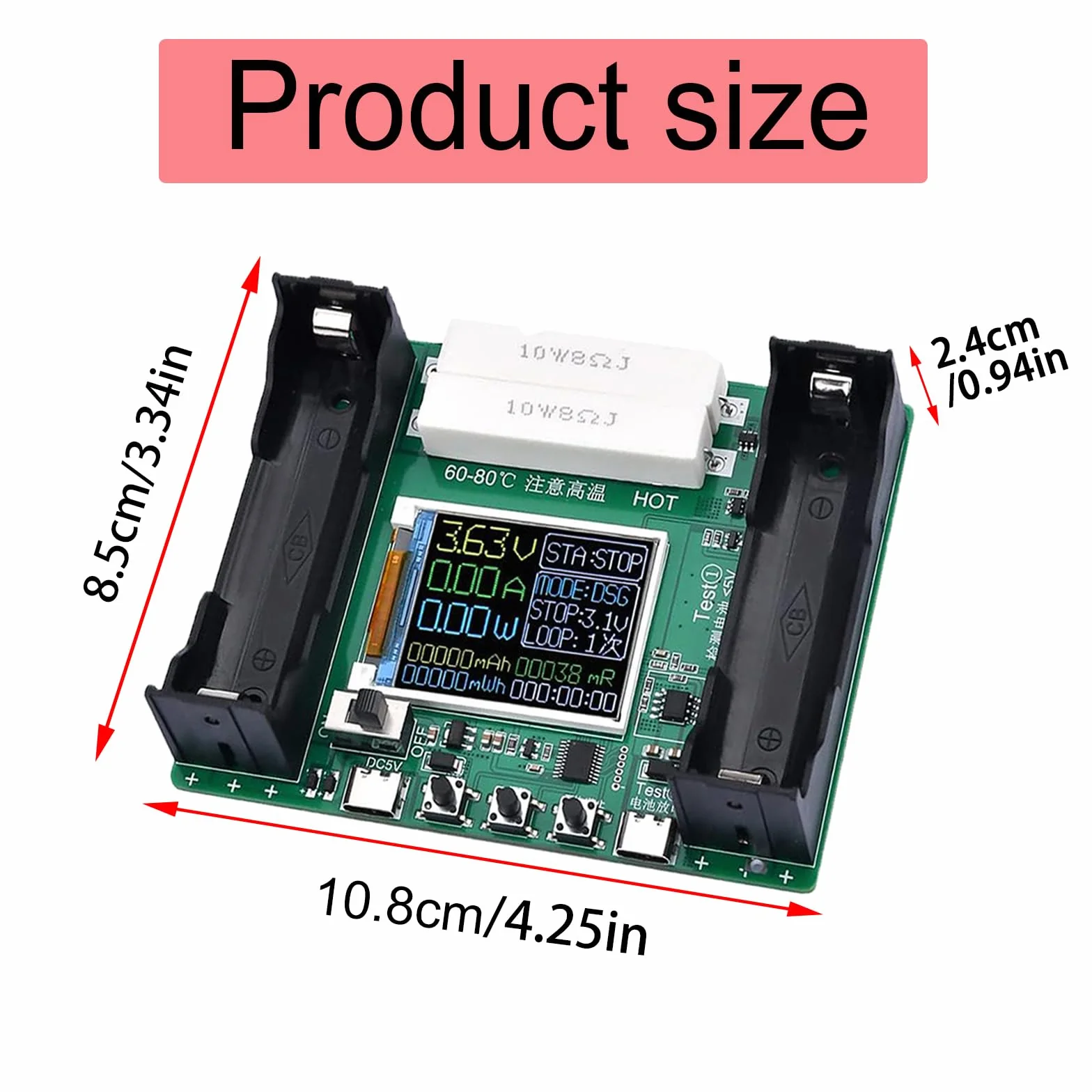 DC 5 V/18650 moduł testera pojemności akumulatora, tester rezystancji wewnętrznej baterii z wyświetlaczem LCD do baterii litowej typu C