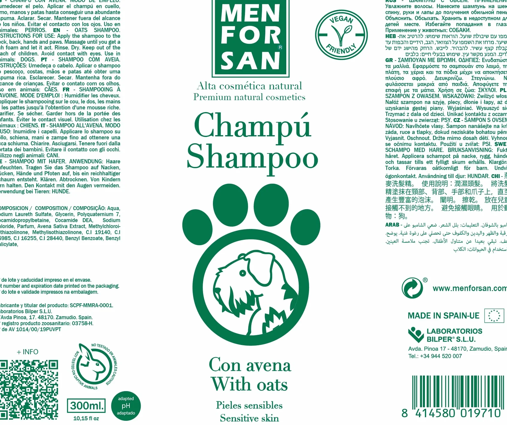 MENFORSAN Szampon dla Psów z Owsa | Działa Wygładzająco i Łagodząco | Dla Wrażliwej i Delikatnej Skóry | 100% Naturalny Owsianka | Delikatny Zapach | 300 ml